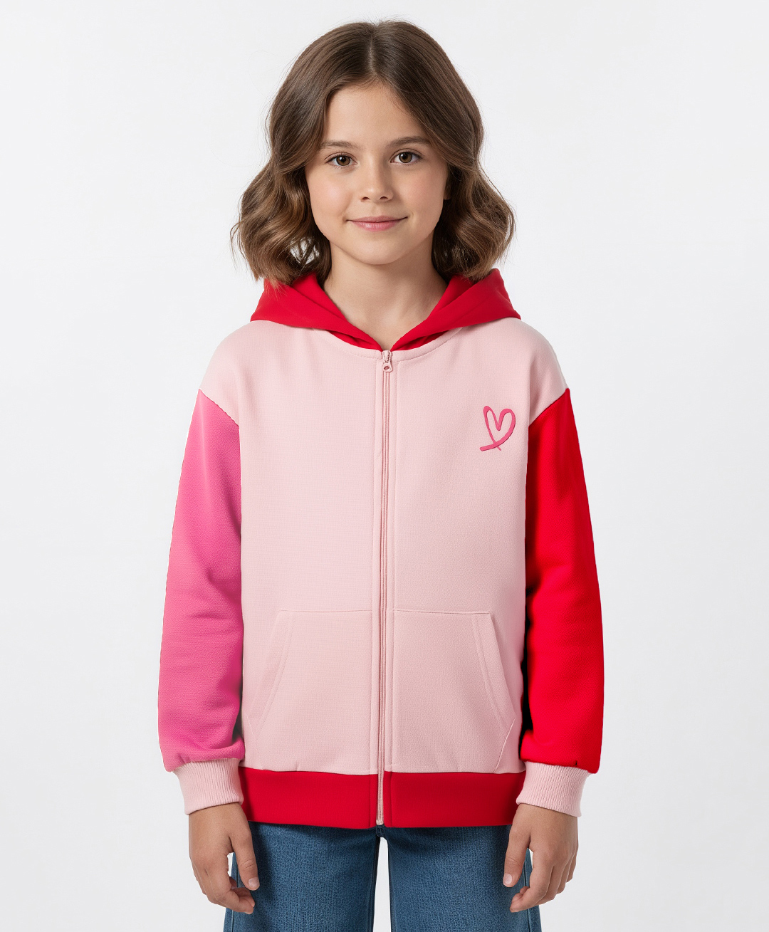 Primo Gino 100% Cotton French Terry Knit Full Sleeves Hooded Sweatjacket With Kangaroo Pockets & Heart Print - Multicolor-picture-23