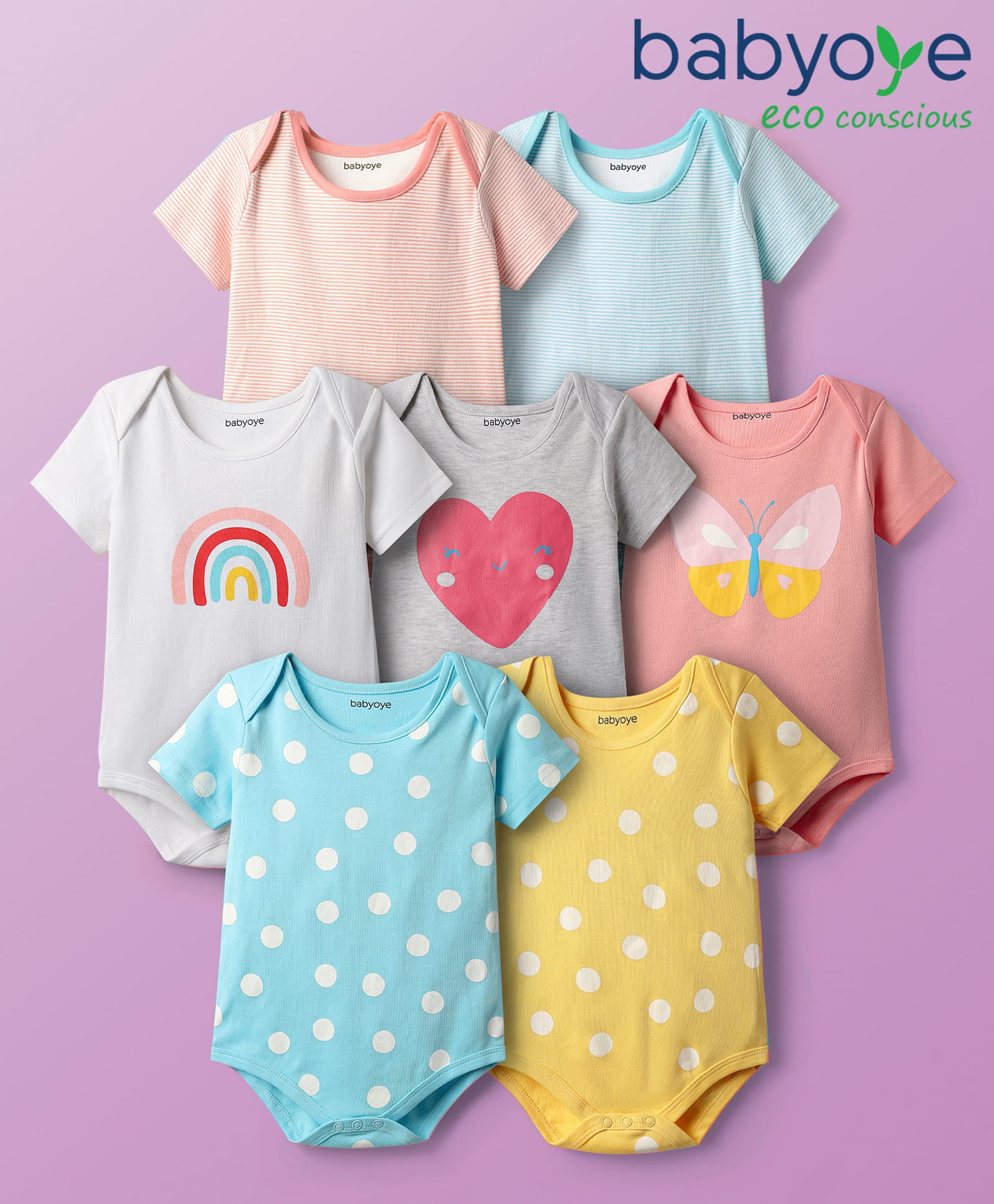 Babyoye 100% Cotton Knit Half Sleeves Onesies with Stripe Design Polka Dot Heart Butterfly & Rainbow Print Pack of 7 - Multicolor-image-12