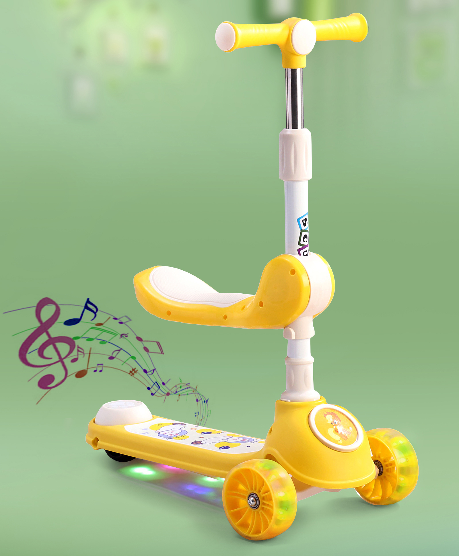 2 in 1 Kids 3 Wheel Kick Scooter - Yellow| Foldable Seat with LED| 3 Level Adjustable Handle| Foldable Design| Toy for 3 to 10 Yrs Boys & Girls| Sport Gift| Physical Activity| Wide Deck| Lean-to-Steer-image-24