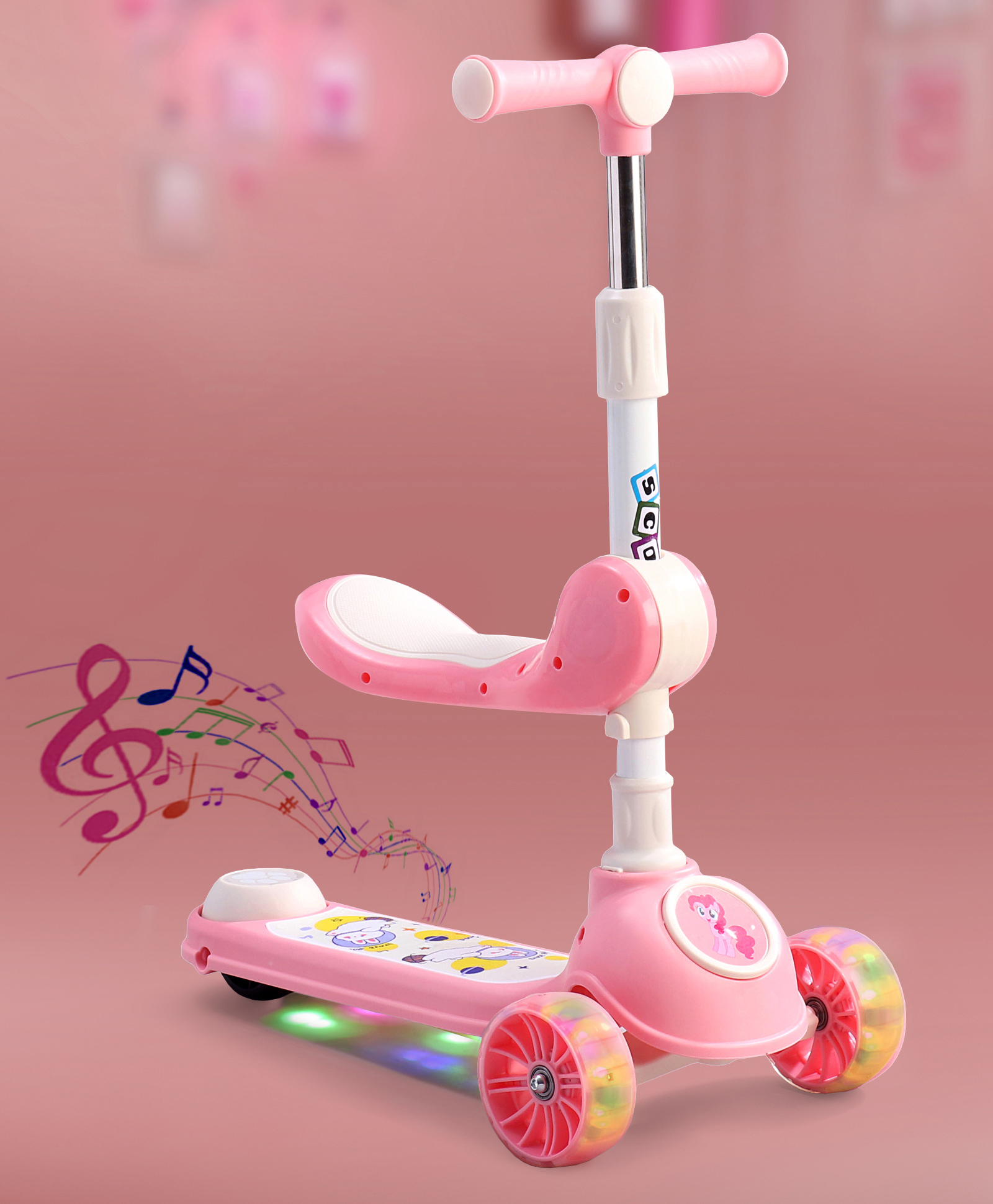 2 in 1 Kids 3 Wheel Kick Scooter - Pink| Foldable Seat with LED| 3 Level Adjustable Handle| Foldable Design| Toy for 3 to 10 Yrs Boys & Girls| Sport Gift| Physical Activity| Wide Deck| Lean-to-Steer