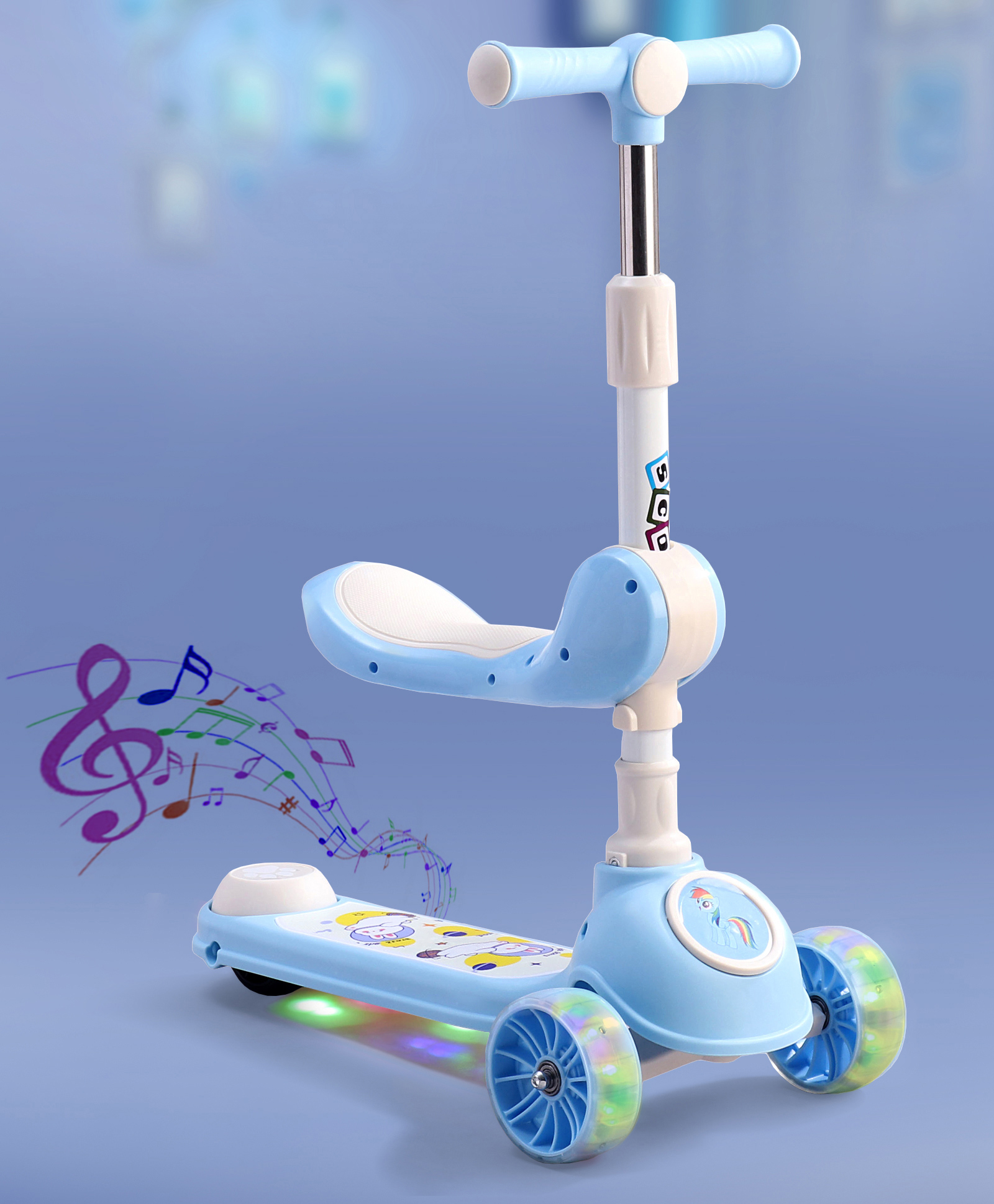 2 in 1 Kids 3 Wheel Kick Scooter - Blue| Foldable Seat with LED| 3 Level Adjustable Handle| Foldable Design| Toy for 3 to 10 Yrs Boys & Girls| Sport Gift| Physical Activity| Wide Deck| Lean-to-Steer