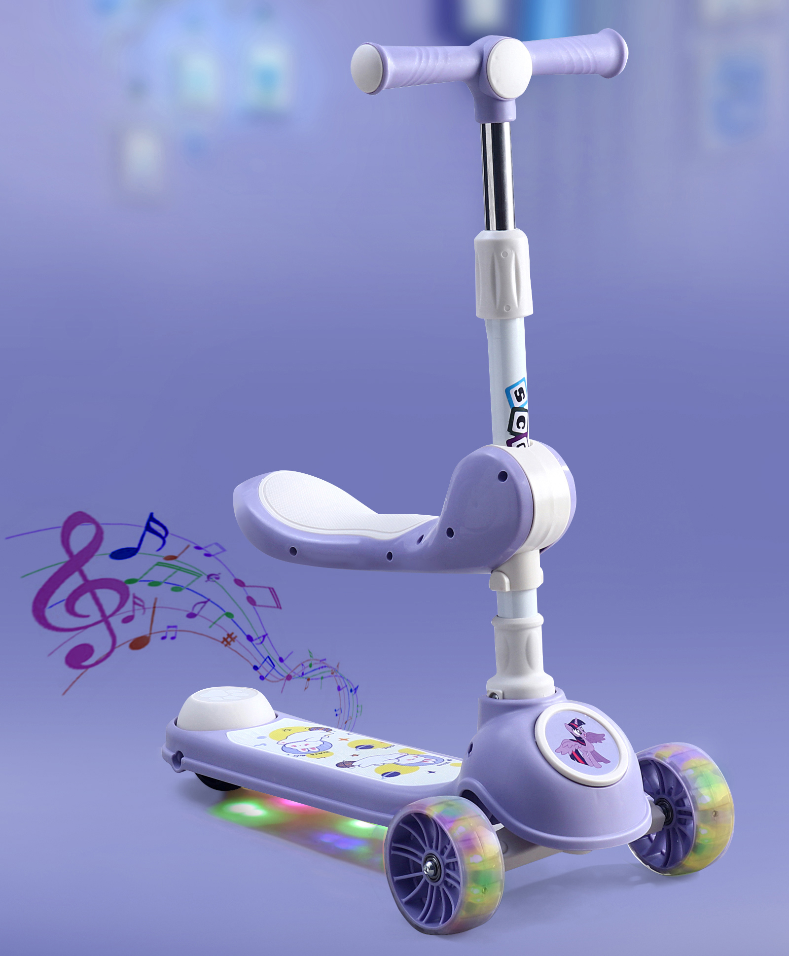 2 in 1 Kids 3 Wheel Kick Scooter - Purple| Foldable Seat with LED| 3 Level Adjustable Handle| Foldable Design| Toy for 3 to 10 Yrs Boys & Girls| Sport Gift| Physical Activity| Wide Deck| Lean-to-Steer