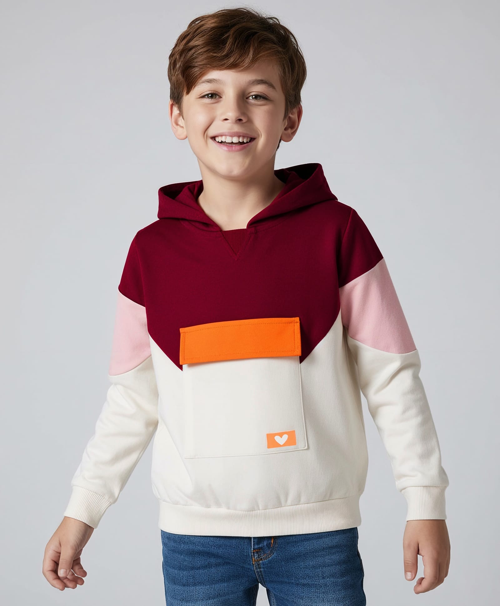 Primo Gino 100% Cotton French Terry Knit Full Sleeves Color Block Hooded Sweatshirt With Kangaroo Pockets - Dark Red & White-picture-13