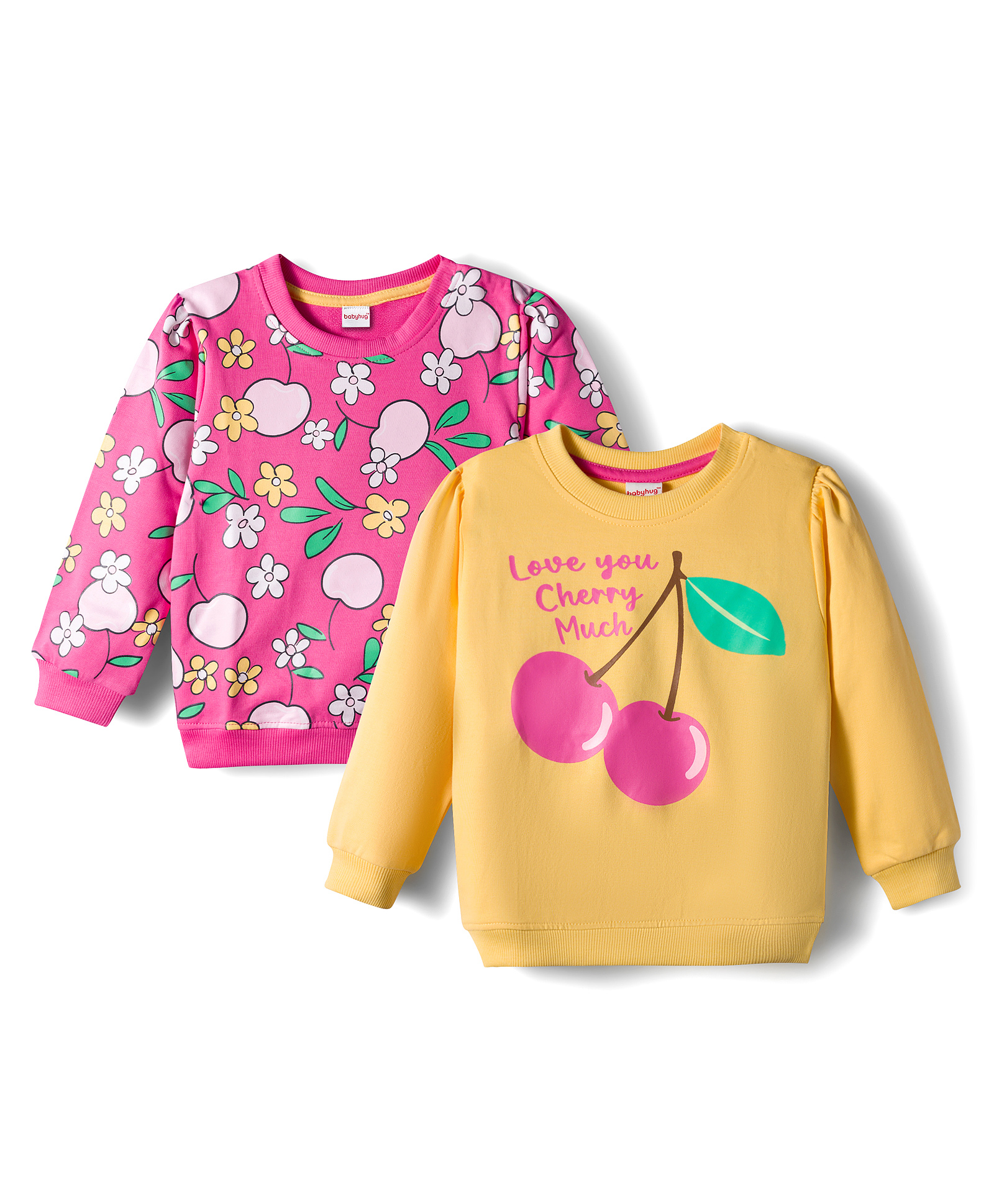 Babyhug Cotton Knit Full Sleeves Sweatshirts with Floral & Fruit Print Pack of 2 - Yellow & Pink-picture-16