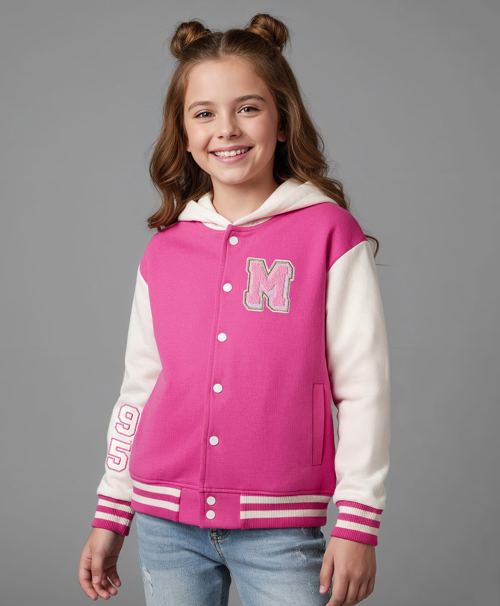 Primo Gino 100% Cotton Knit French Terry Full Sleeves Hooded Bomber Jackets with Embroidery Detailing - Pink-image-37