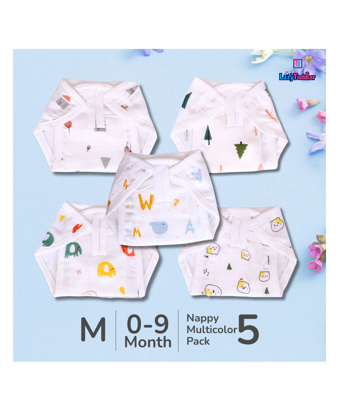 LazyToddler Muslin Nappy Set of 5 Medium (TD)-picture-28