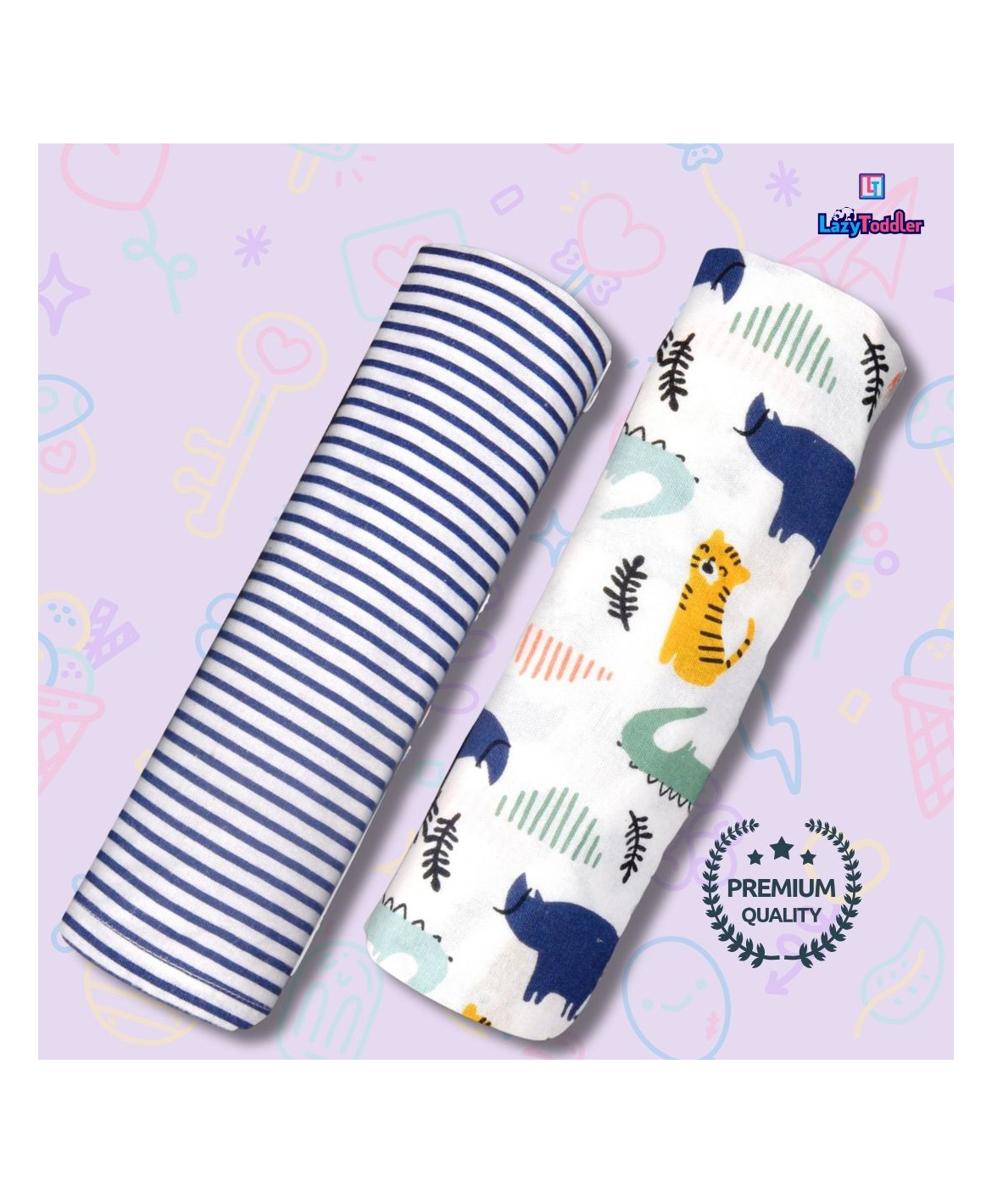 LazyToddler Cotton Soft Flannel Swaddles Wrap for Newborn Baby Set of 2 (Blue Line & Rhino)-picture-16