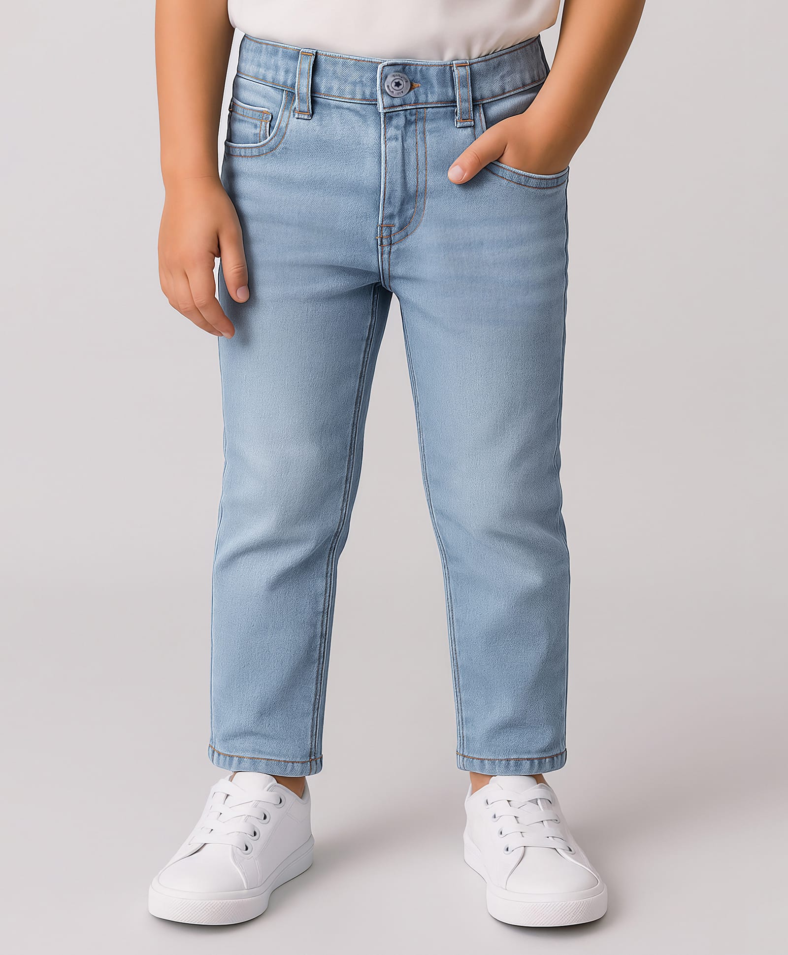 Babyhug Cotton Denim Full Length Washed Jeans With Stretch - Light Blue-picture-14