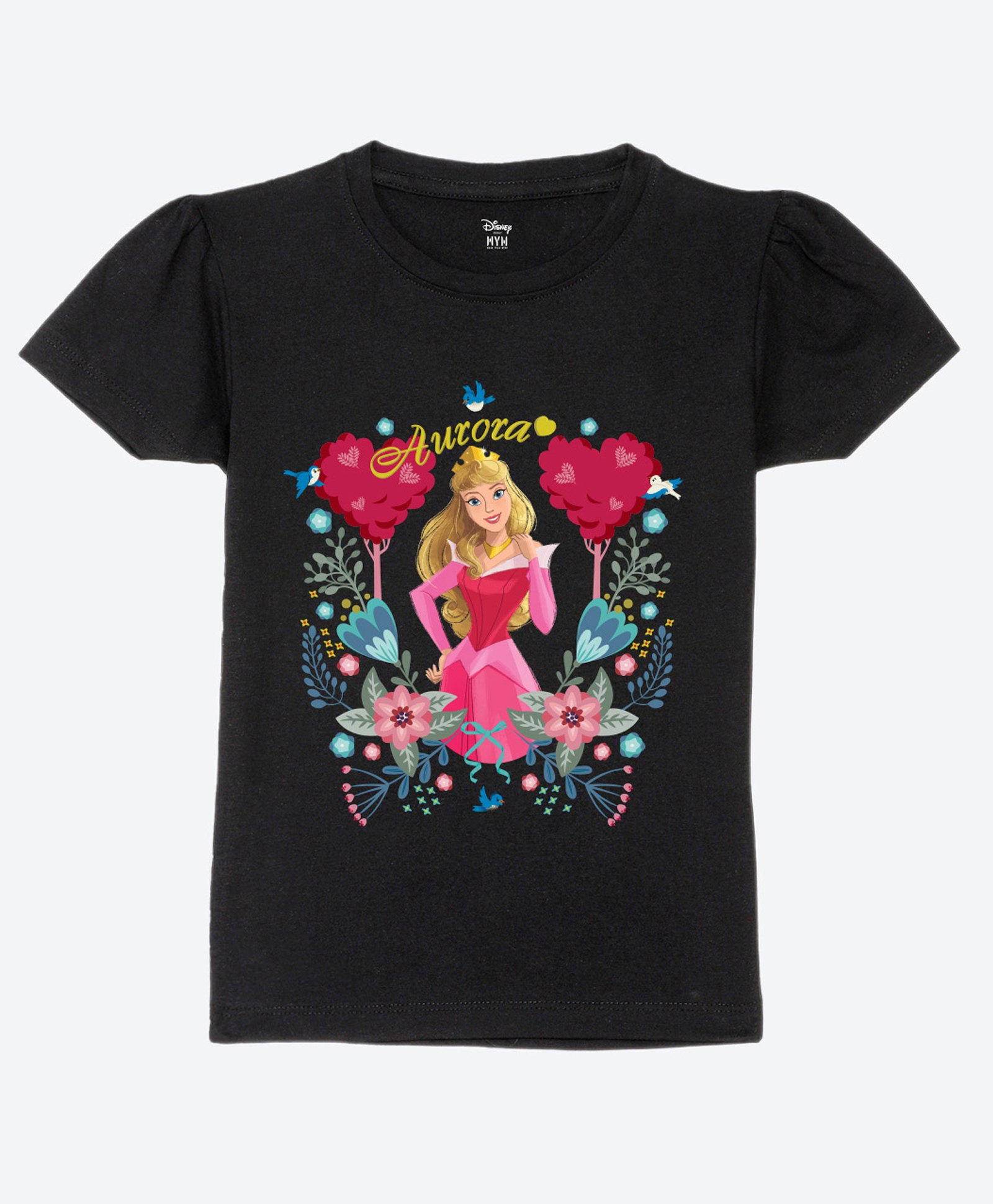 Wear Your Mind Cotton Knit Disney Princess Featuring Half Sleeves Aurora Character Printed Tee - Black-picture-7