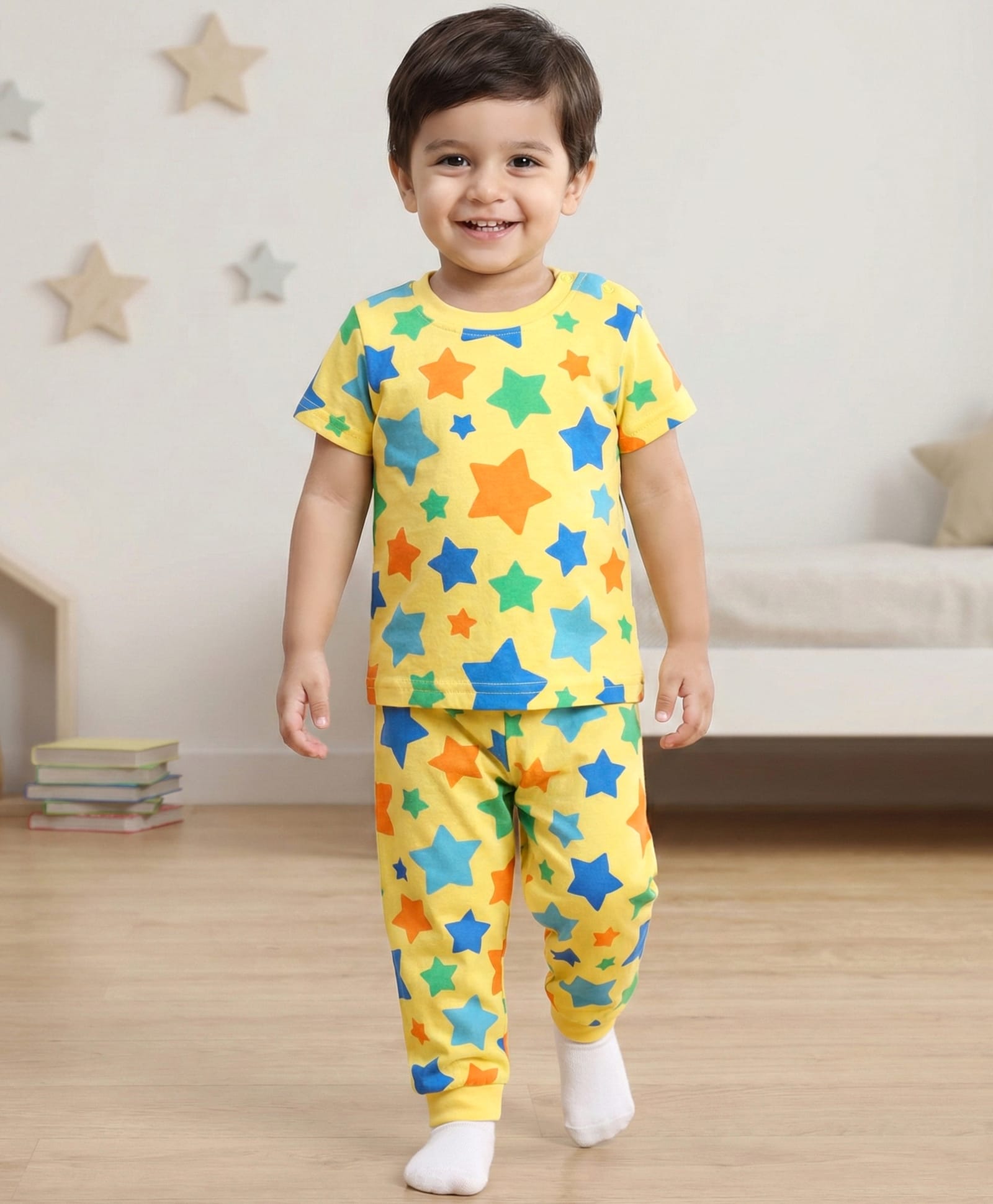 Babyhug Cotton Knit Half Sleeves Co-Ord Night Suit With Stars Print - Yellow-image-18