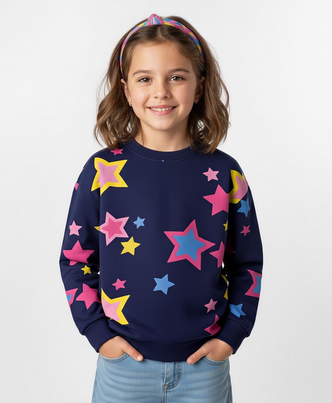 Primo Gino 100% Cotton French Terry Knit Full Sleeves Pullover Sweatshirt with Star Print - Navy Blue-picture-25
