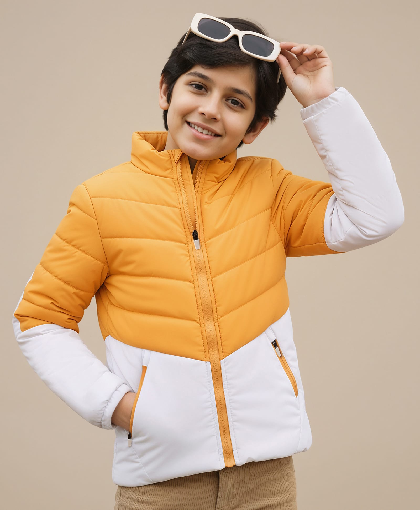 Pine Kids Woven Full Sleeves Color Block Padded Jacket - Yellow & White-picture-28