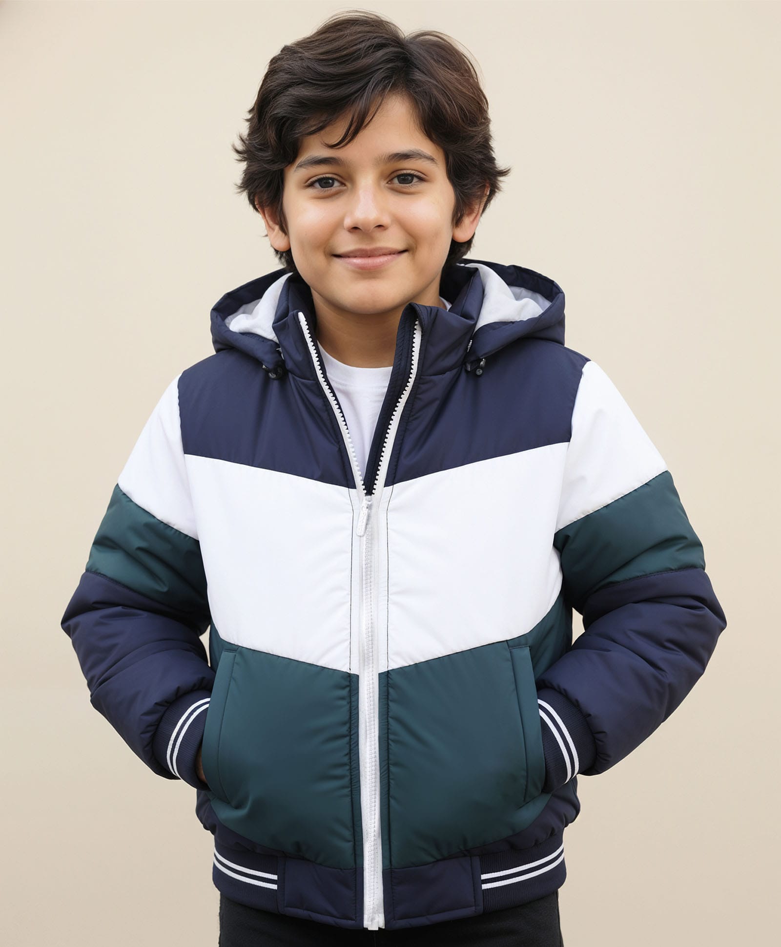 Pine Kids Woven Full Sleeves Hooded Padded Jacket With Cut & Sew Design - White-picture-40