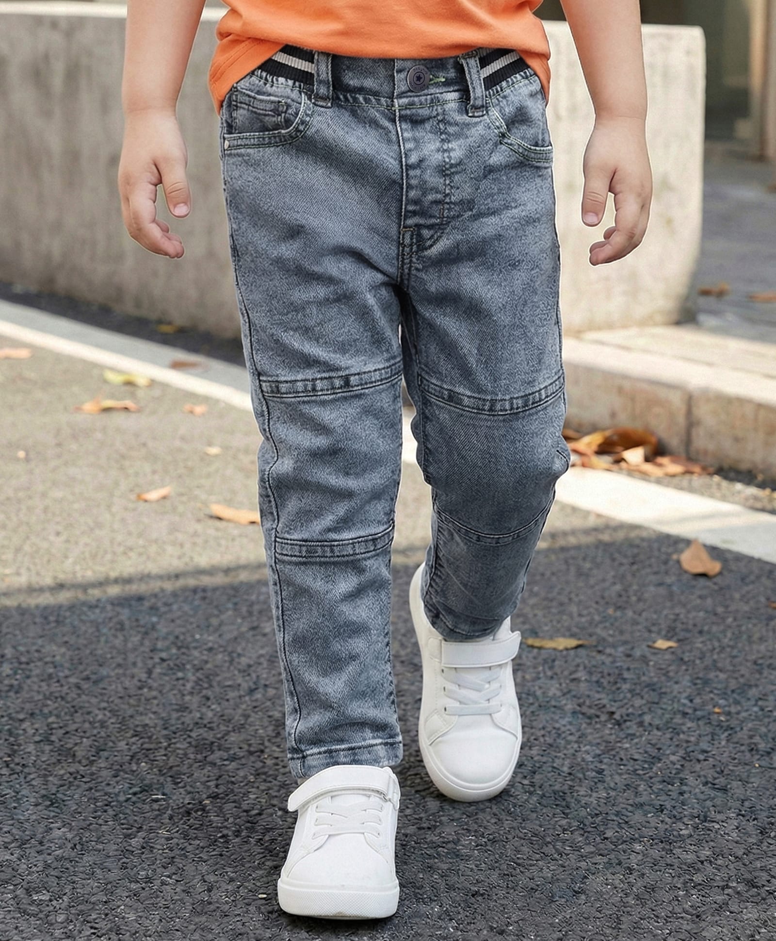 Babyhug Denim Full Length Washed Cut & Sew Jeans With Stretch - Blue-picture-27