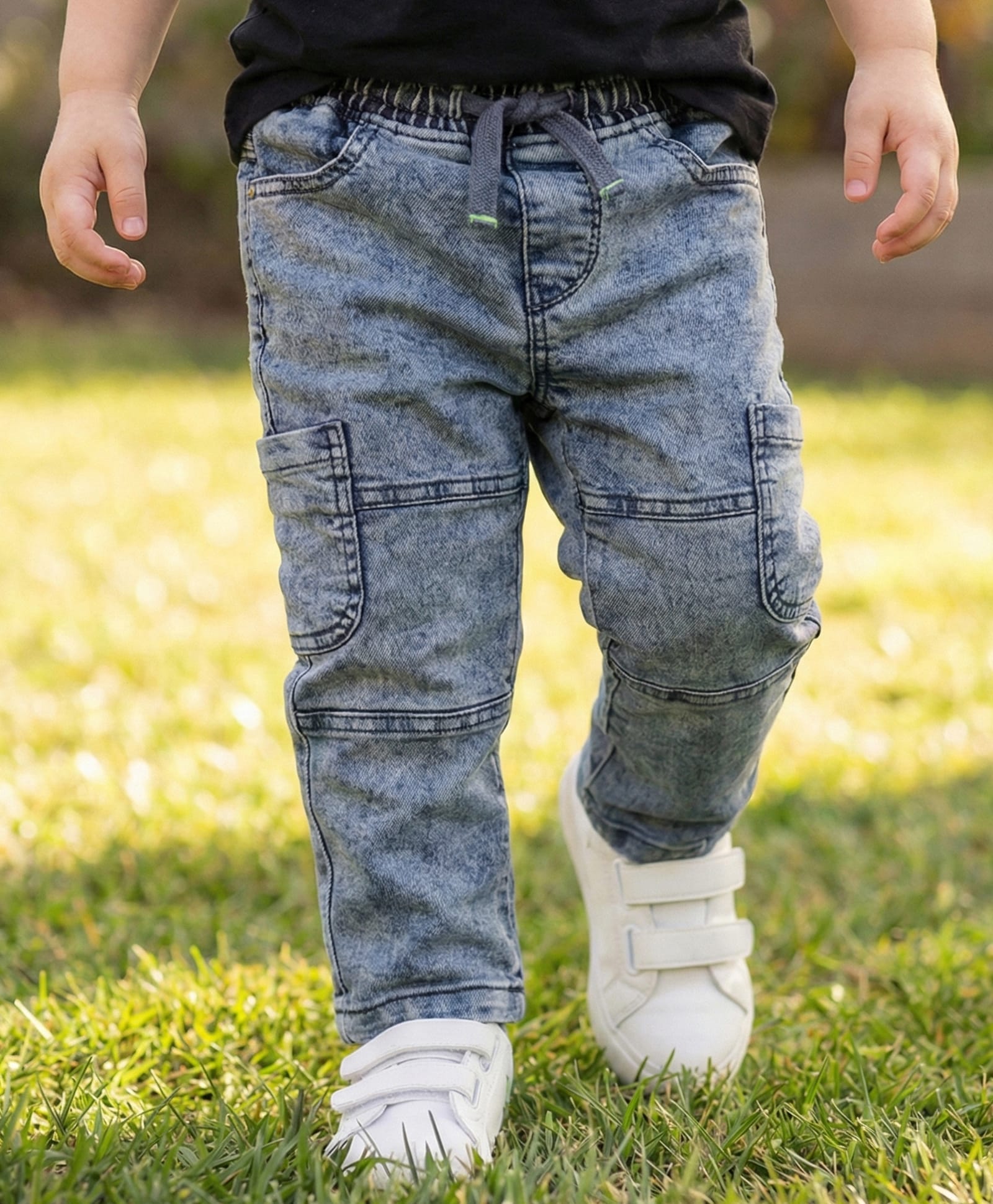 Babyhug Denim Full Length Cut & Sew Washed Jeans With Stretch - Blue-picture-14