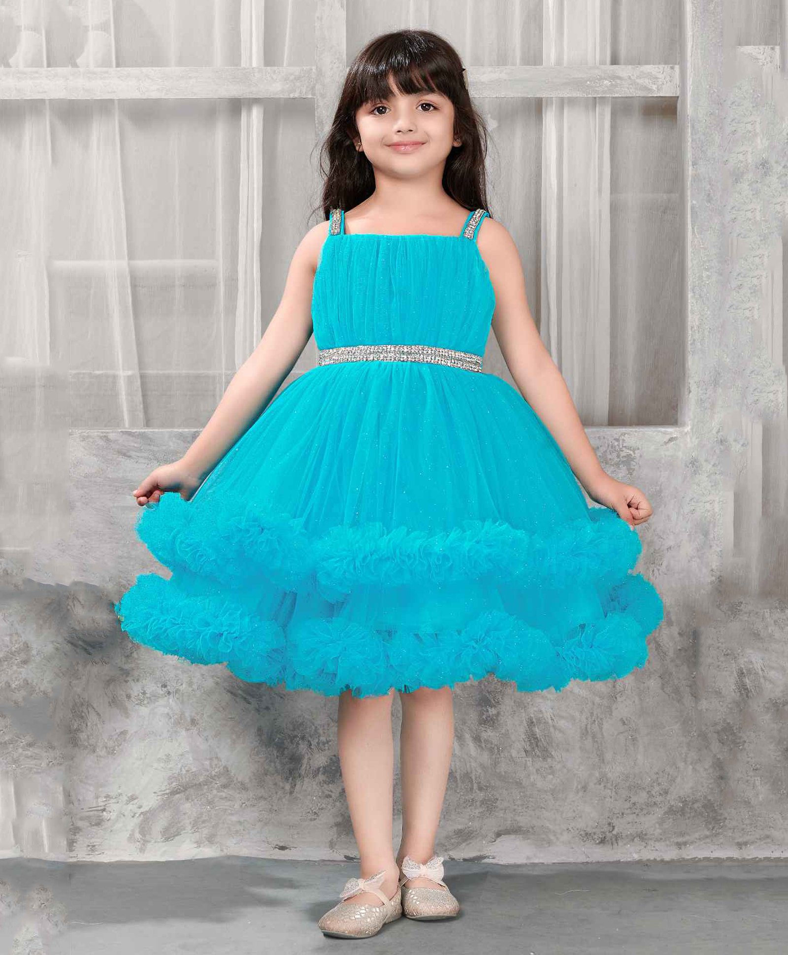 Lagorii Net Sleeveless Stones Embellished Layered Dress - Turquoise Blue-image-41