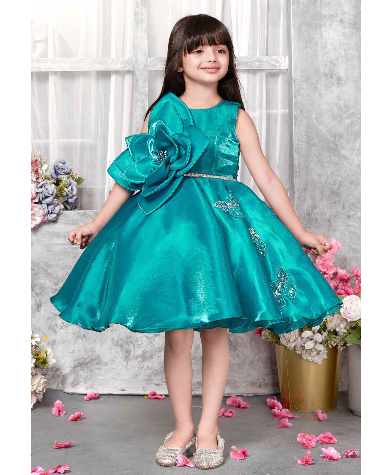 Lagorii Satin Sleeveless Floral Applique & Butterflies Patch Detailed Dress - Teal Blue-image-35
