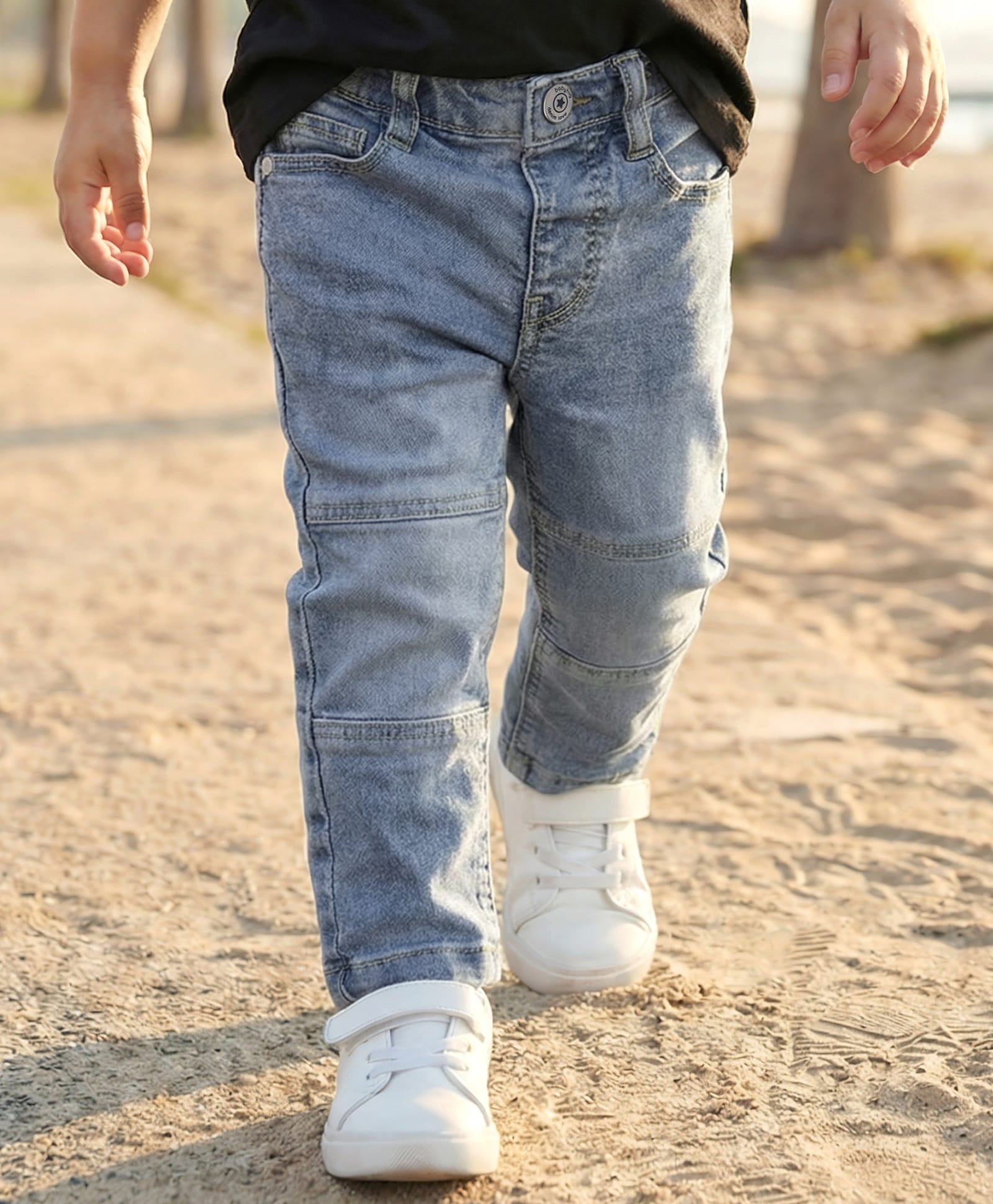 Babyhug Denim Full Length Washed Cut & Sew Jeans With Stretch - Blue