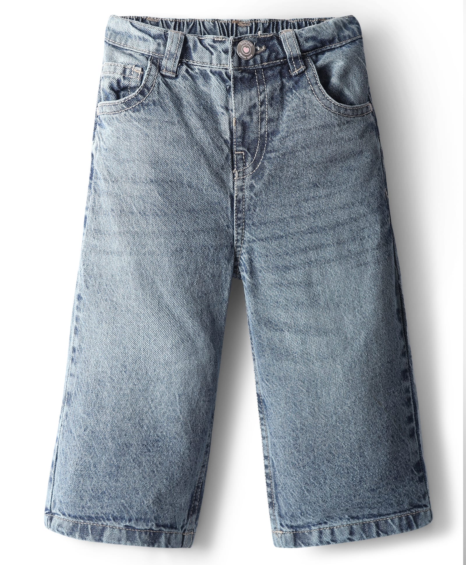 Babyhug Denim Full Length Washed Wide Leg Jeans With Stretch - Blue