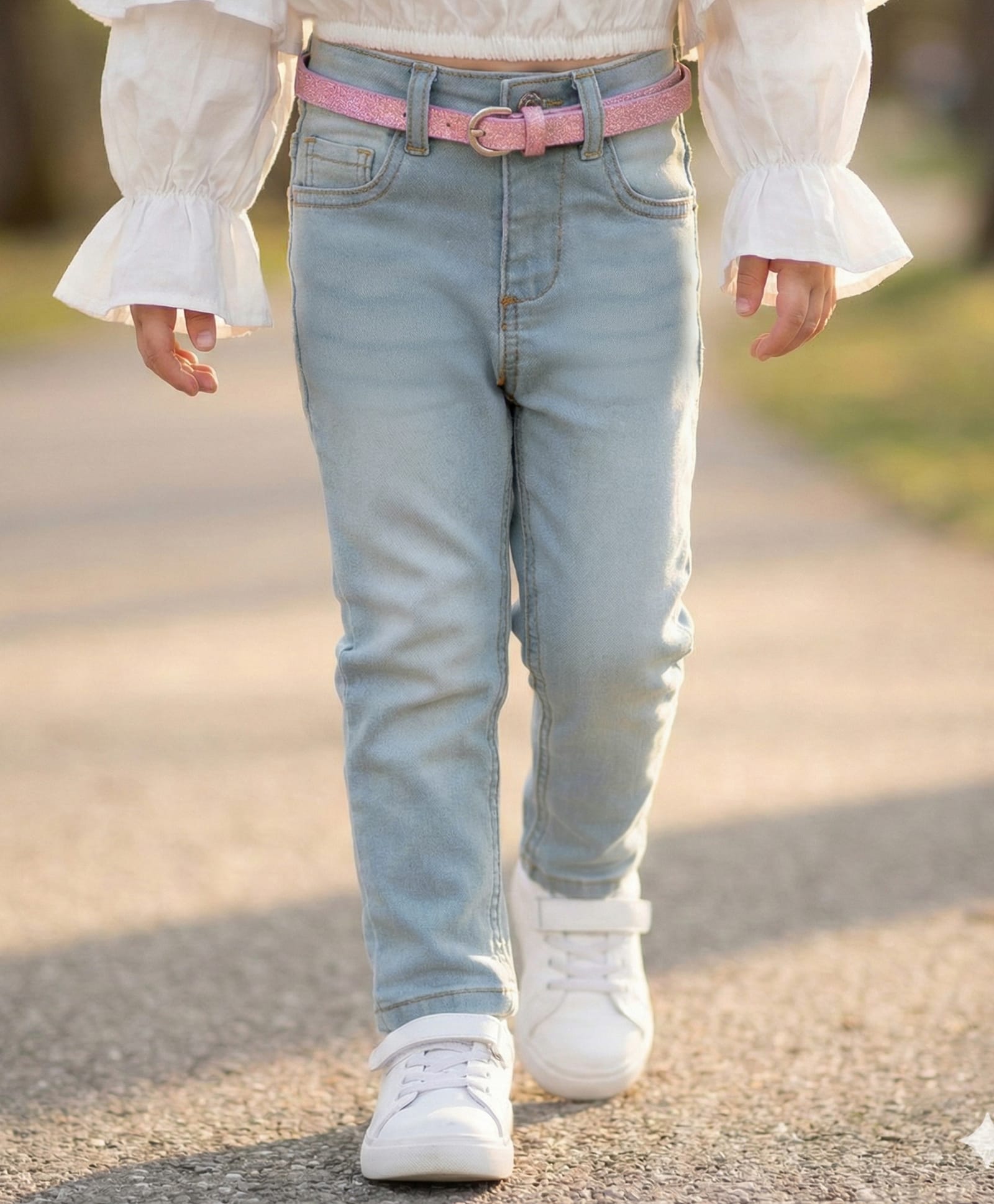 Babyhug Denim Full Length Washed Jeans With Stretch & Belt - Light Blue-picture-22