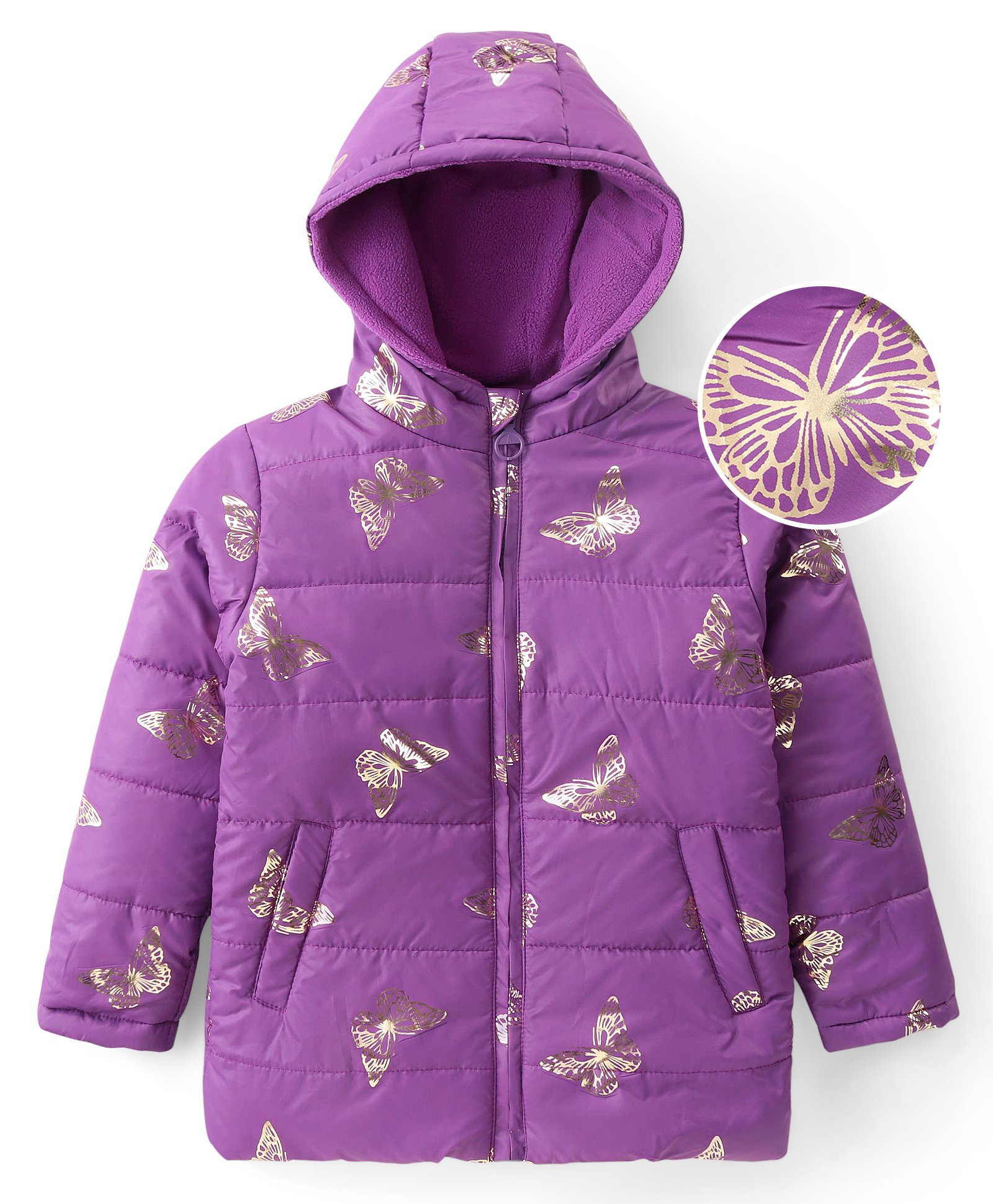 Pine Kids Woven Full Sleeves Hooded Padded Jacket With Foil Butterfly Print - Purple-picture-48