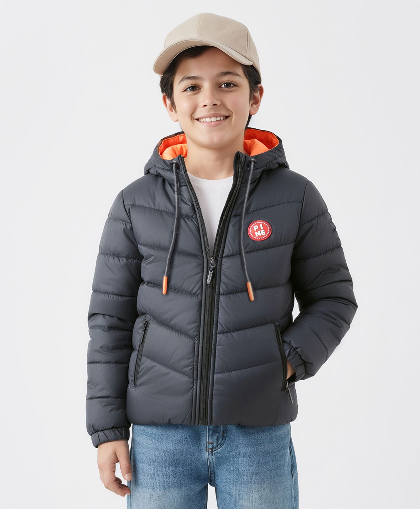 Pine Kids Woven Full Sleeves Hooded Padded Jacket With Kangaroo Pocket & Text Patch - Black-picture-17