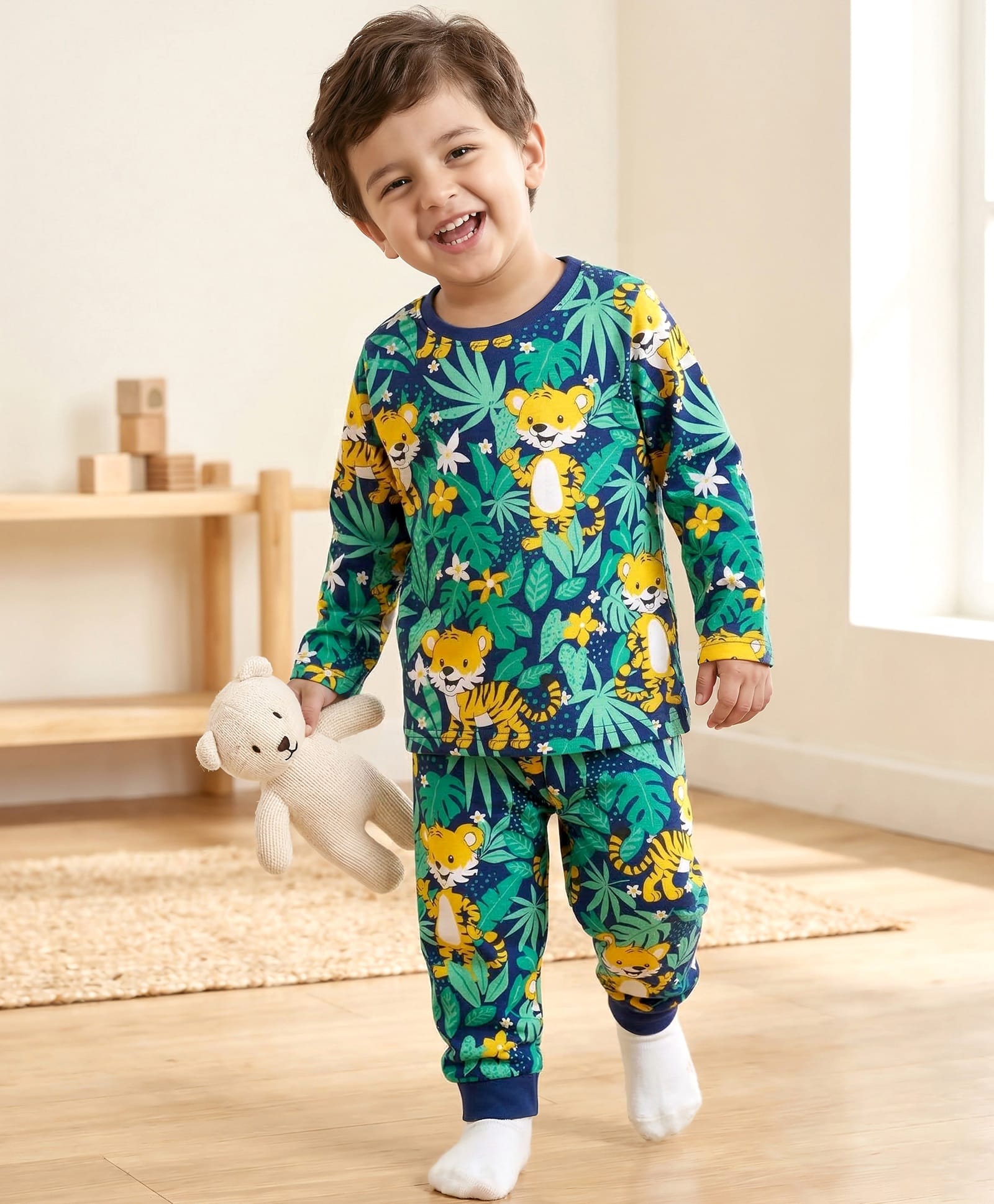Babyhug Cotton Knit Full Sleeves Co-Ord Night Suit With Jungle Theme Print - Green-image-25