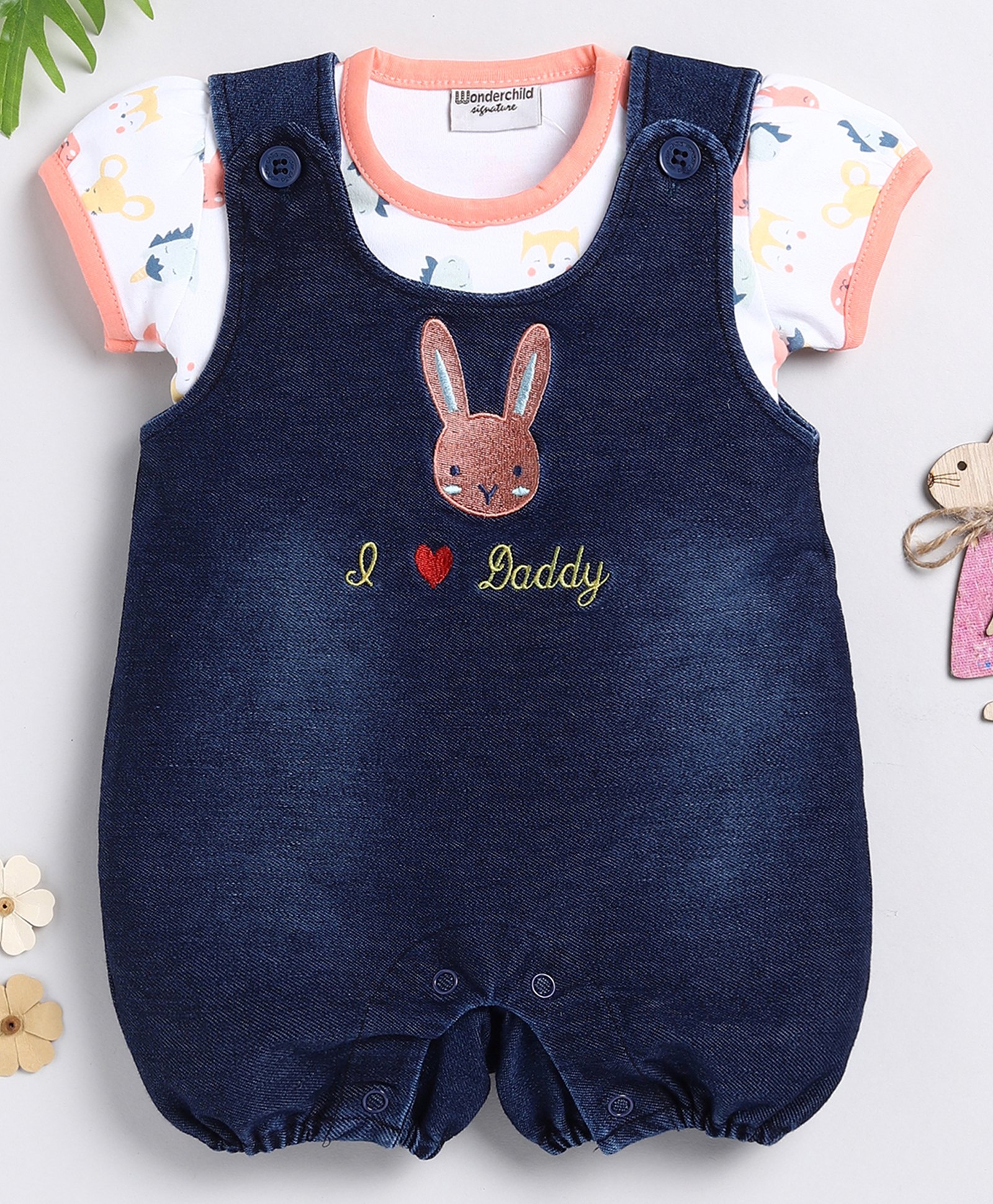 Wonderchild Interlock Bunny Patch Embroidered Romper With Half Puffed Sleeves Top -Denim Blue-image-5