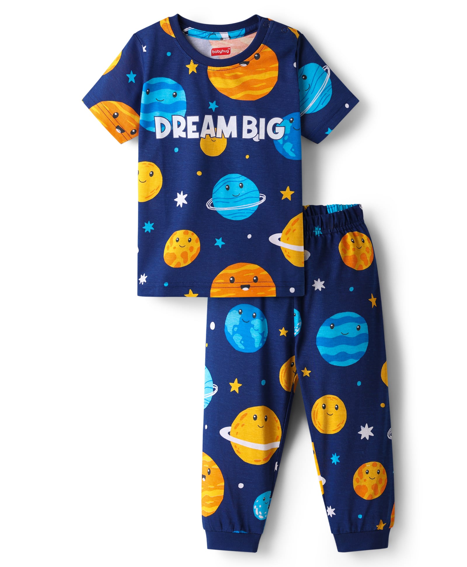 Babyhug Cotton Knit Half Sleeves Co-Ord Night Suit With Space Theme Print - Navy Blue-image-15