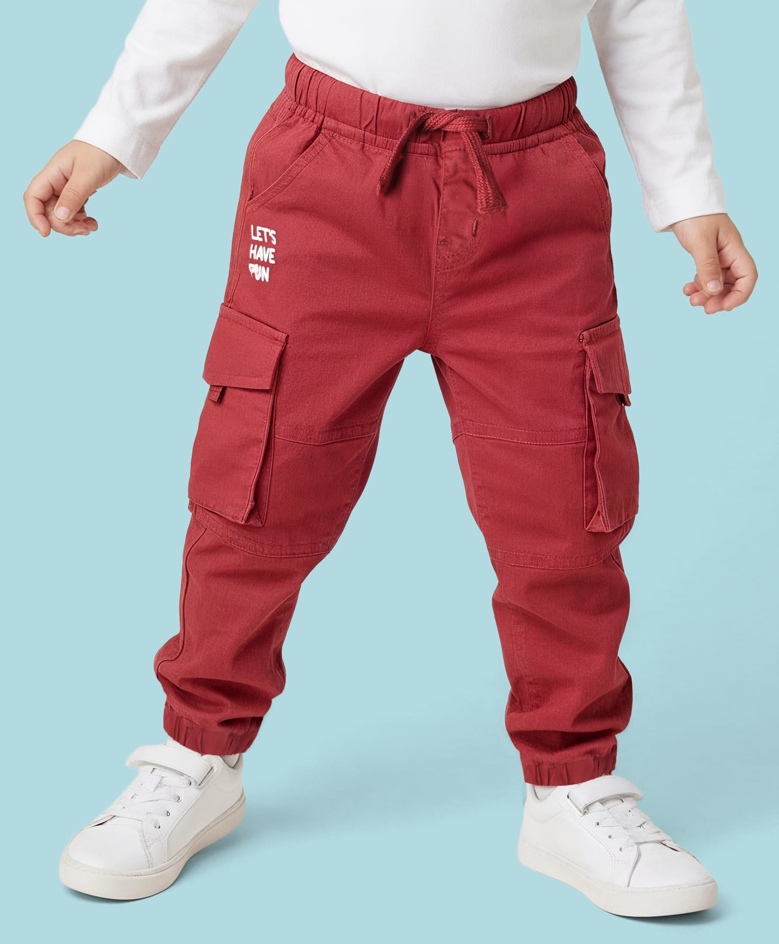 Babyhug Twill Full Length Cut & Sew Text Printed Trouser With Cargo Pockets & Stretch - Red