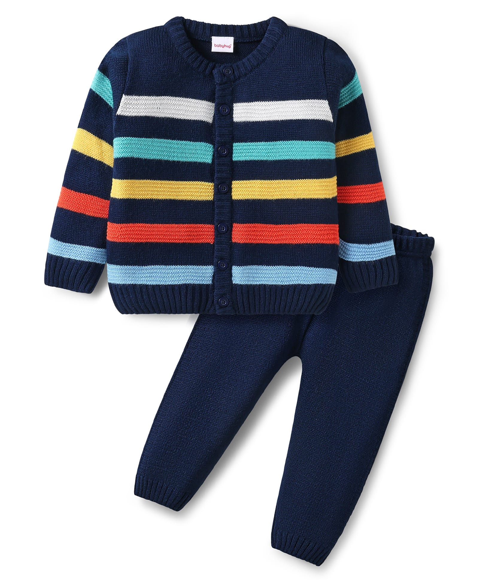 Babyhug Knit Full Sleeves Front Open Striped Sweater Set - Navy Blue-image-22