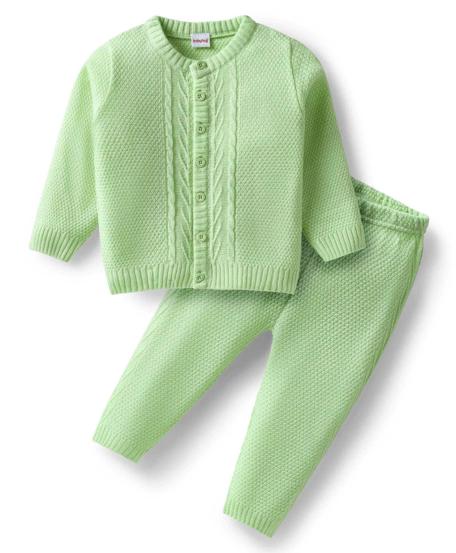 Babyhug Knitted Full Sleeves Front Open Sweater Set With Cable Knit Design - Lime Green-image-5