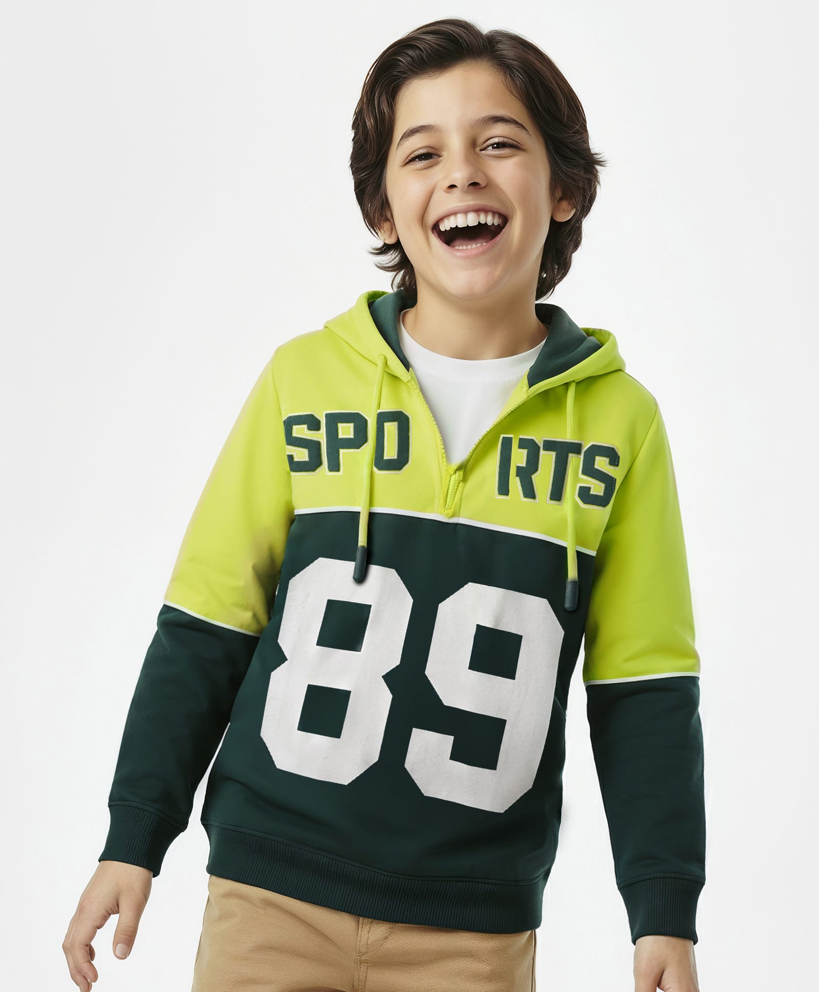 Pine Kids Cotton Knit Full Sleeves Hooded Sweatshirt With Number Print - Lime & Dark Green-picture-24