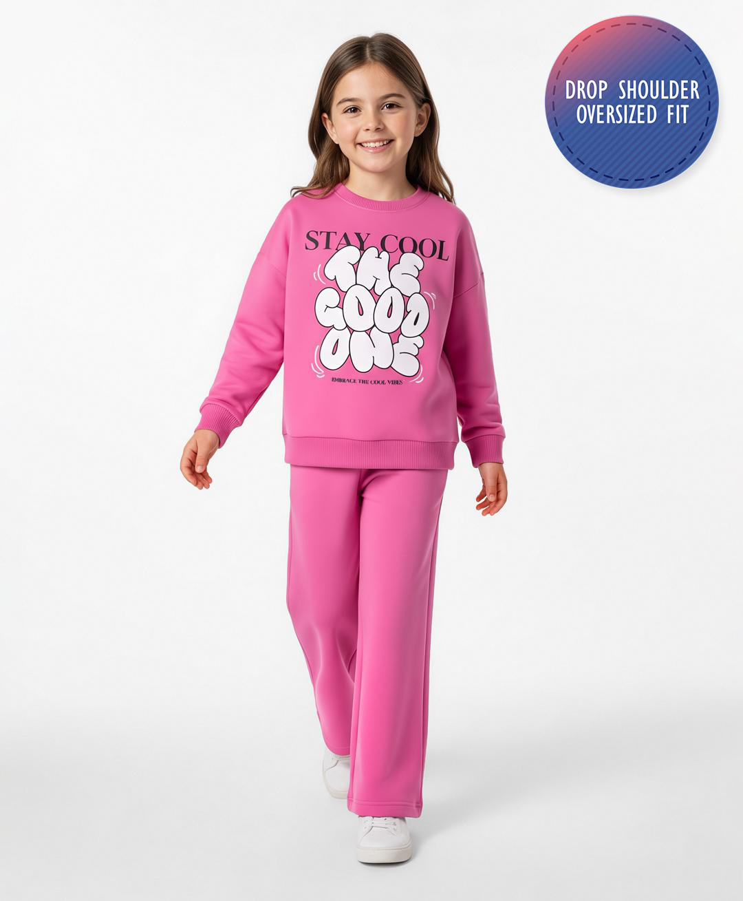 Primo Gino 100% Cotton French Terry Full Sleeves Printed Sweatshirt with Joggers Sets with The Good One Text Print - Pink-picture-17