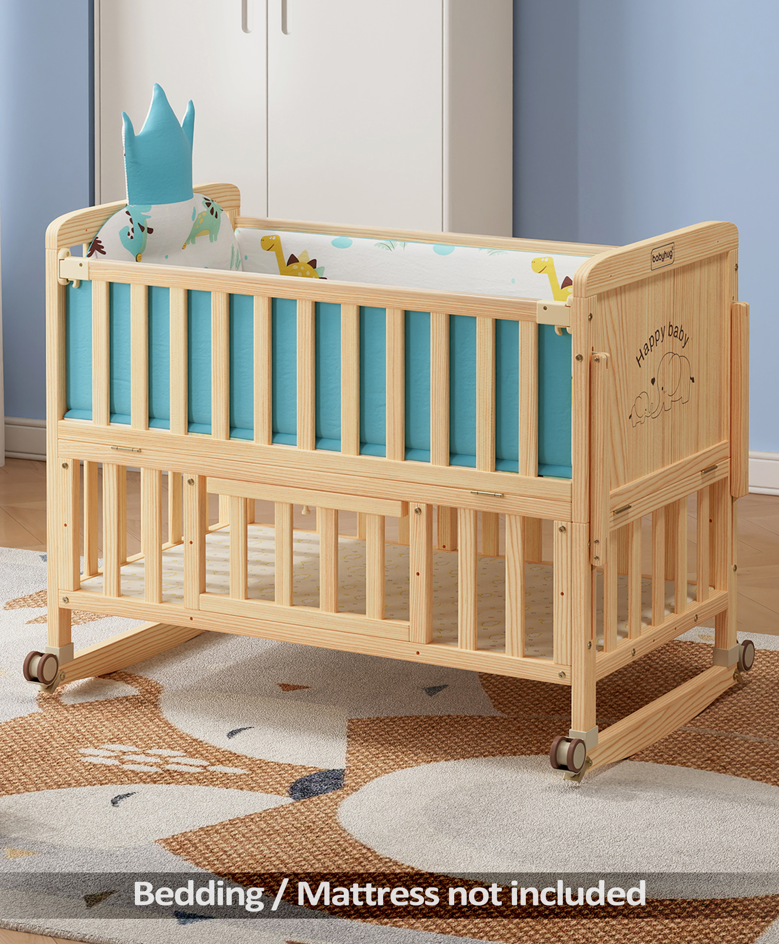 Babyhug 6 in 1 Baby Cot with Rocking Function - Beige| Parent Bed Attachment| Study Table| Diaper Changing Station| Storage| Junior Bed| New Zealand Pinewood| Mosquito Net| Wheels with Lock| Baby Safe