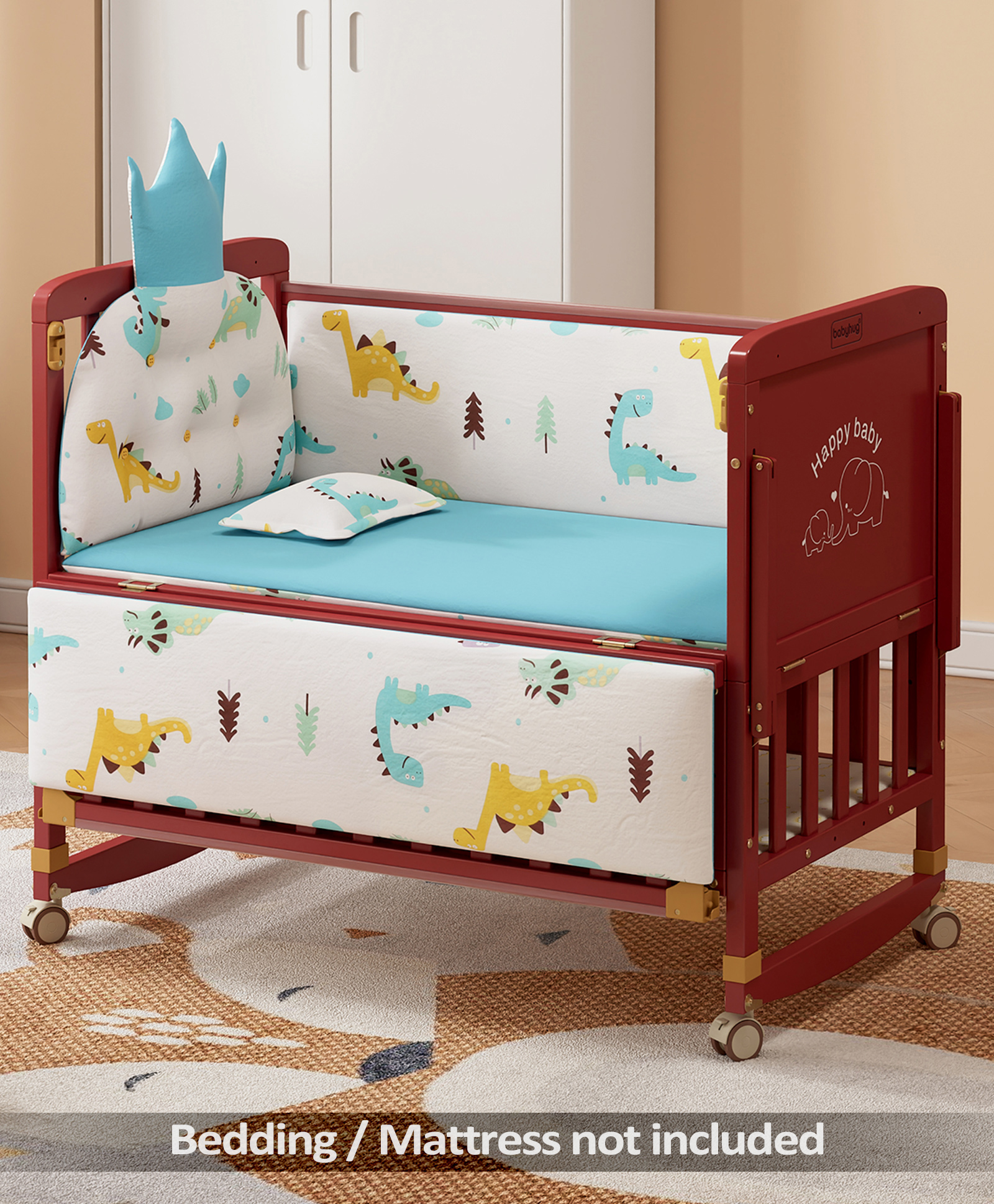 Babyhug 6 in 1 Baby Cot with Rocking Function - Tan| Parent Bed Attachment| Study Table| Diaper Changing Station| Storage| Junior Bed| New Zealand Pinewood| Mosquito Net| Wheels with Lock| Baby Safe