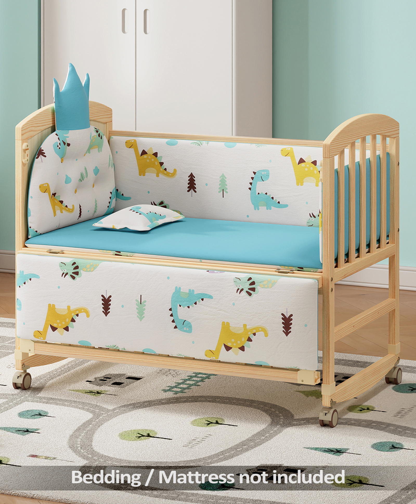 Babyhug 4 in 1 Convertible Baby Cot with Rocking Function| Parent Bed Attachment| Study Table| Wheels with Lock| New Zealand Pinewood| Non-Toxic Finish| Mosquito Net - Beige