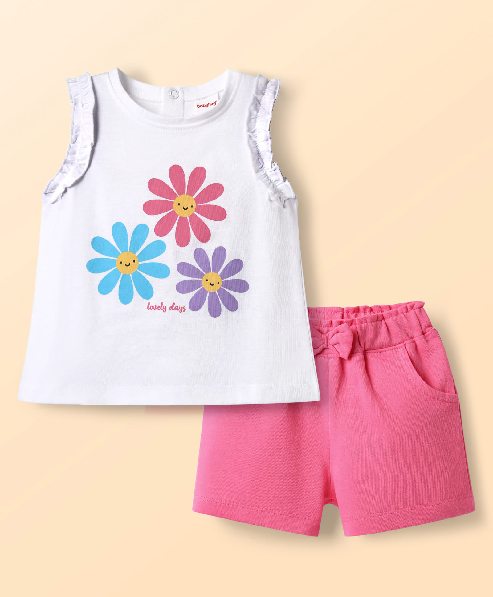 Babyhug Single Jersey Knit Sleeveless Top & Shorts Set With Floral Print - Dark Pink & White-image-17