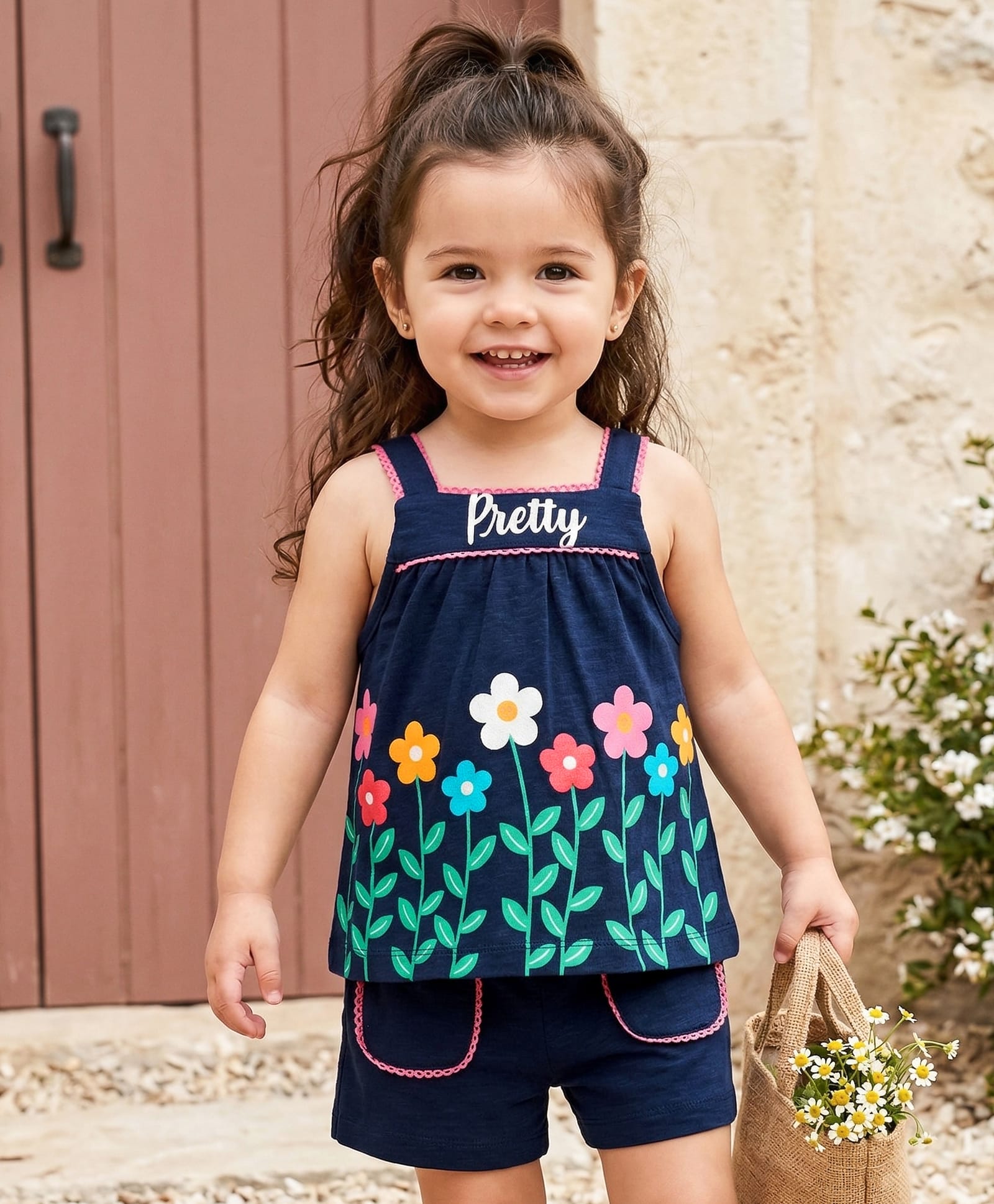 Babyhug Single Jersey Knit Sleeveless Top & Shorts Set With Floral Print - Navy Blue-image-32