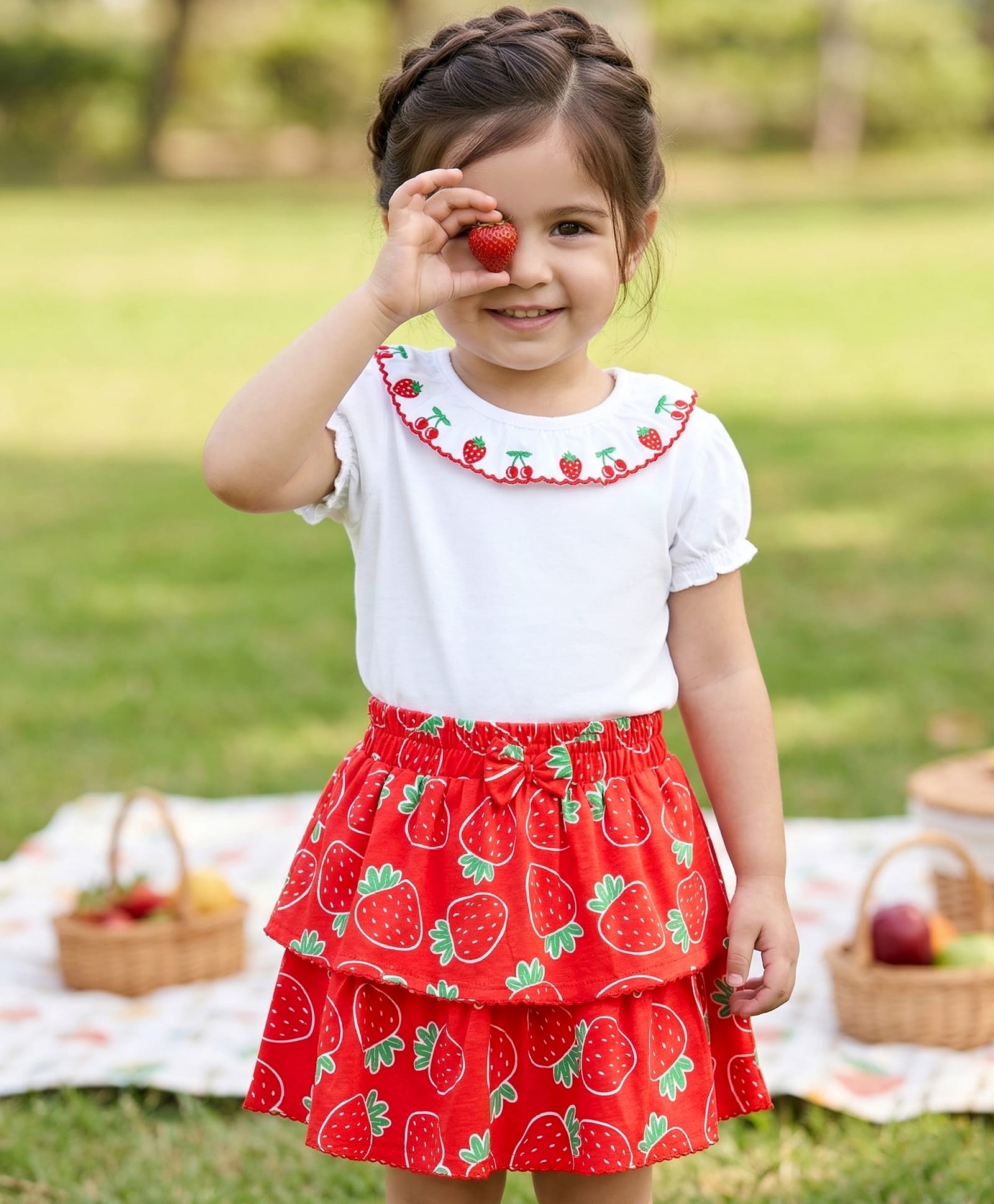 Babyhug Single Jersey Knit Half Sleeves Top and Skirt Set with Floral Embroidery & Print - White & Orange-image-49