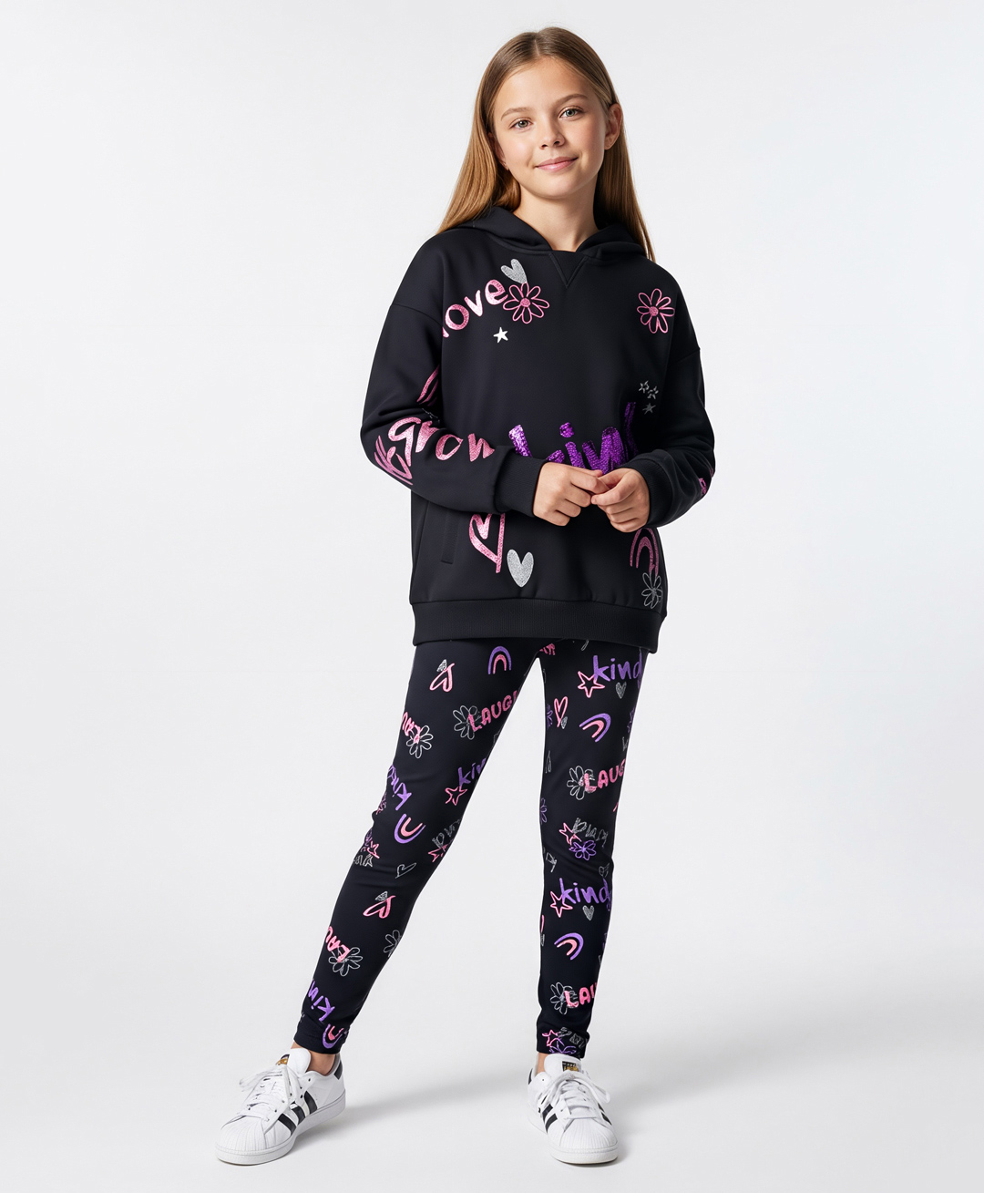 Primo Gino 100% Cotton French Terry Knit Full Sleeves Hooded Sweatshirt with Jogger Set with Text Print & Sequin - Black-picture-35