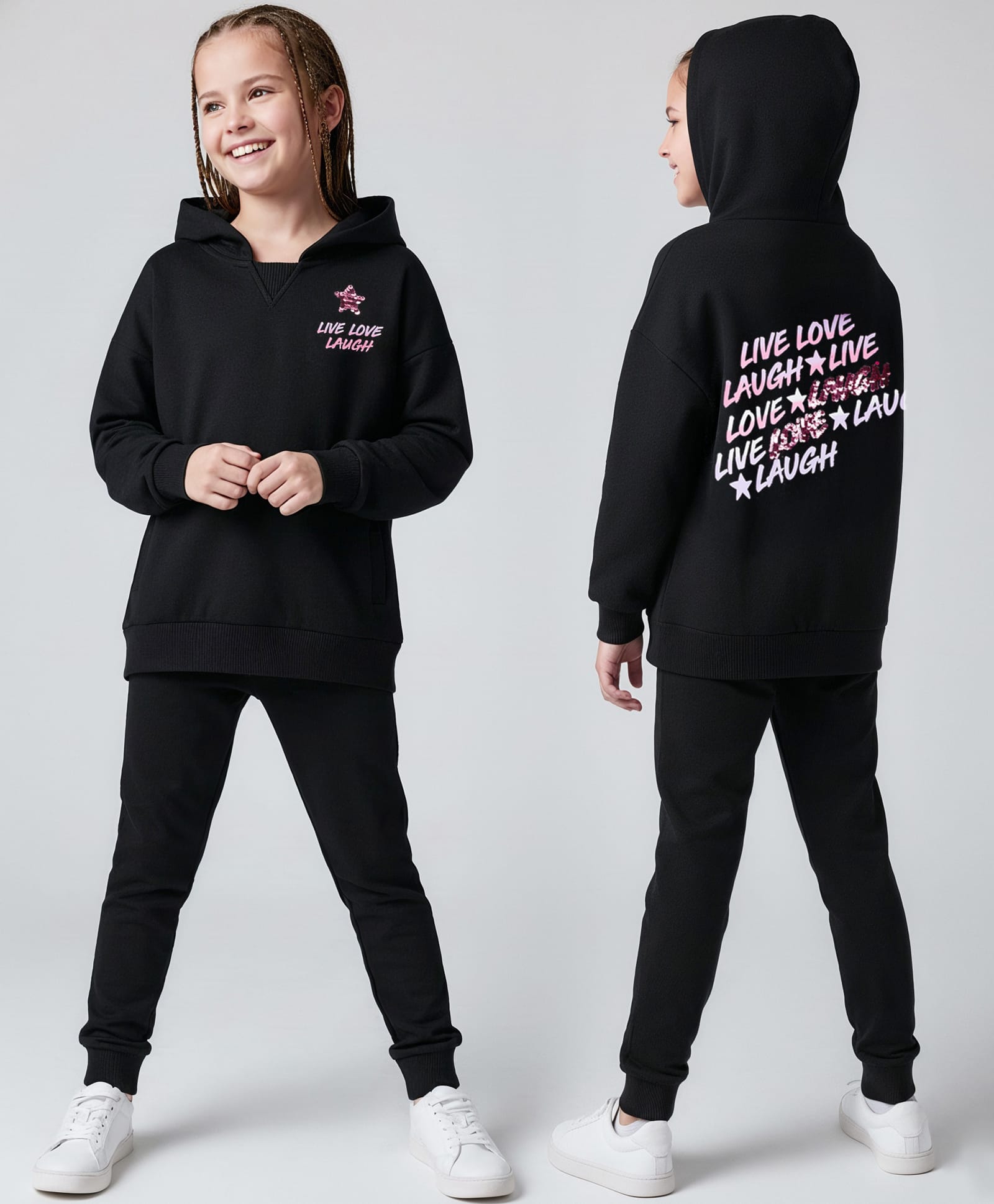 Primo Gino 100% Cotton Knit French Terry Full Sleeves Hooded Sweatshirt with Joggers Co-Ord Sets with Sequins Star & Laugh Live Text Print - Black-image-27