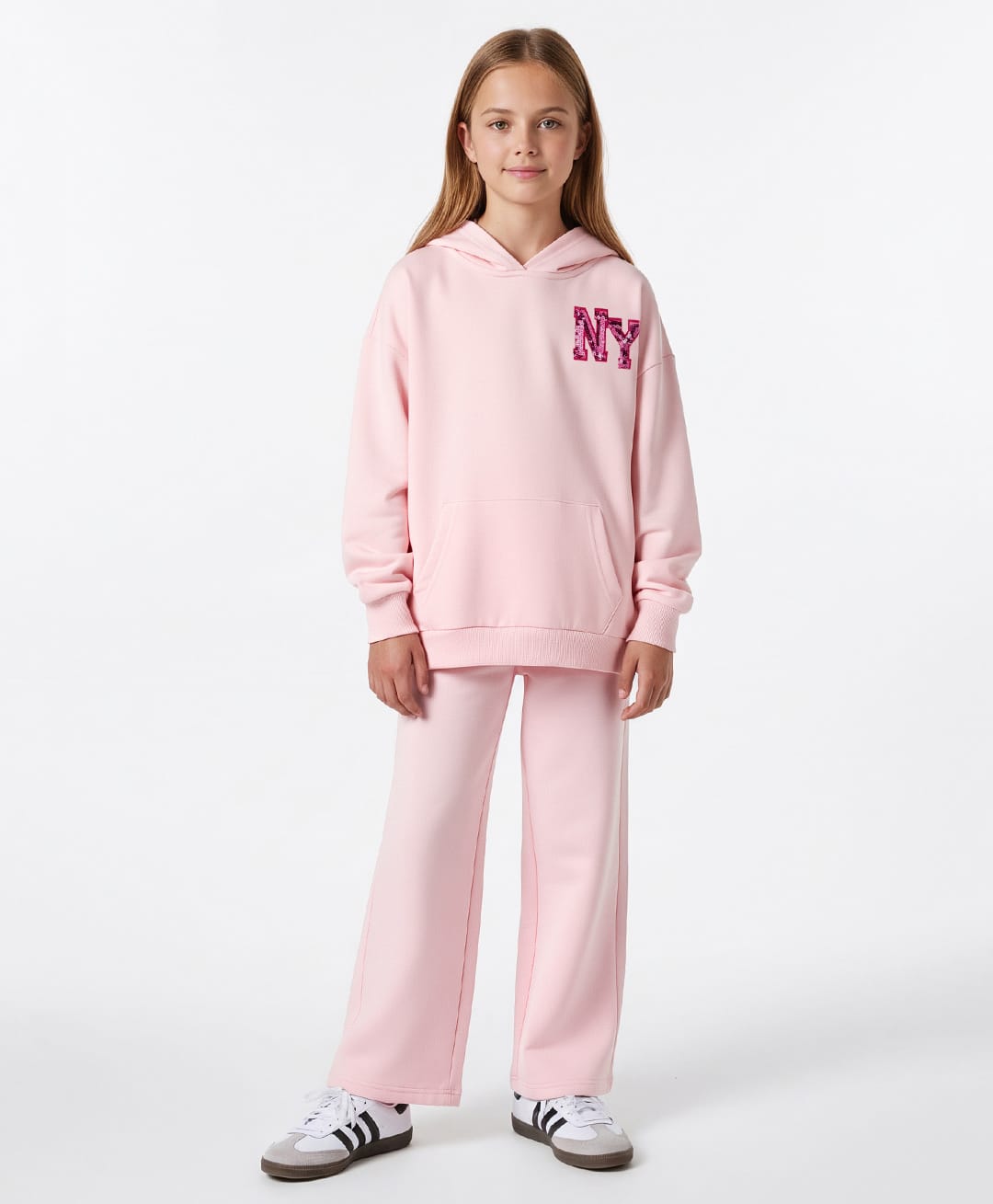 Primo Gino 100% Cotton French Terry Knit Full Sleeves Hooded Sweatshirt with Jogger Co-Ord Set with NY Sequin - Pink-picture-24