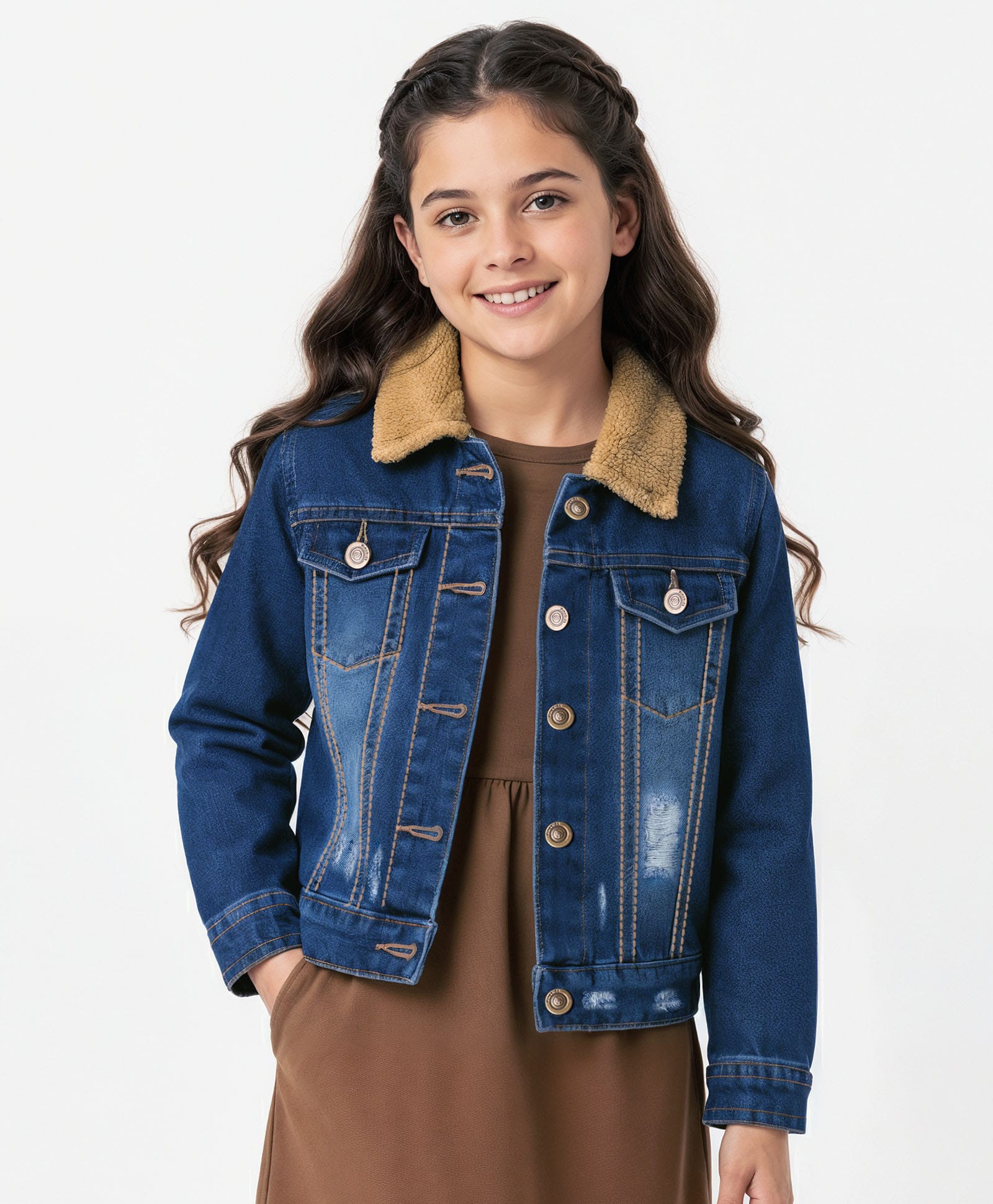 Pine Kids Cotton Woven Full Sleeves Solid Denim Jacket With Fur Detailing - Blue-picture-14