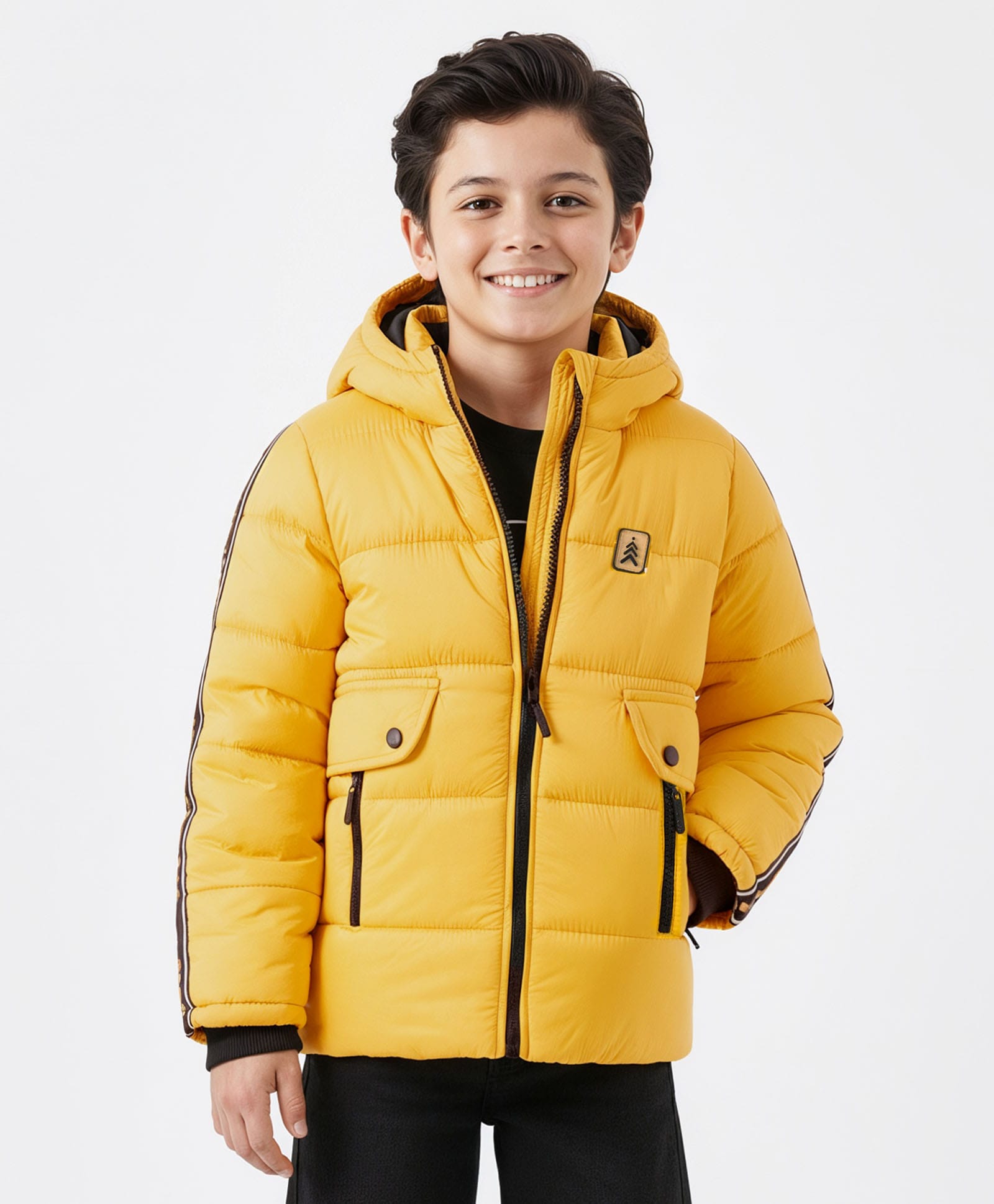 Pine Kids Woven Full Sleeves Hooded Solid Padded Jacket - Yellow-picture-12