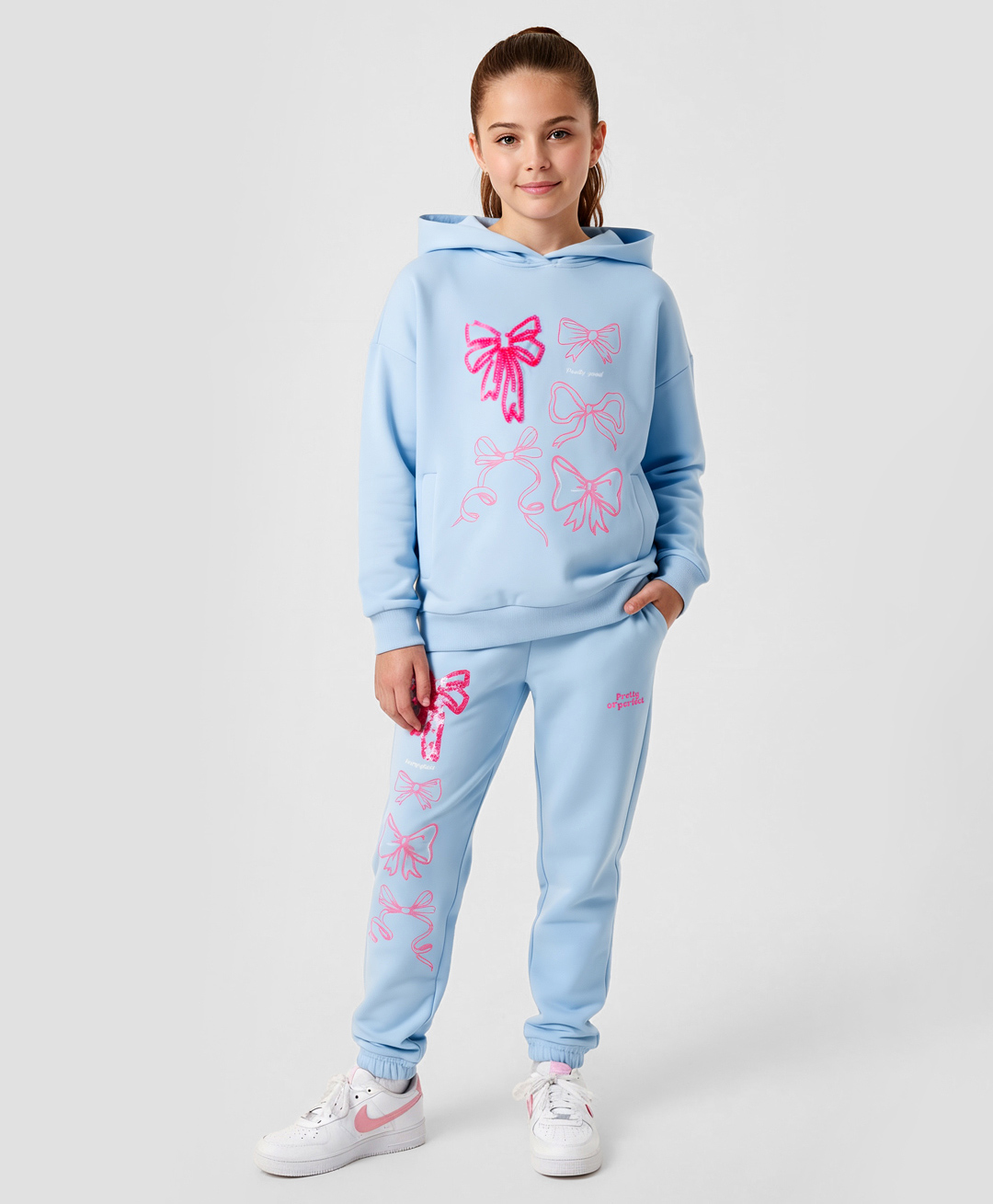 Primo Gino 100% Cotton French Terry Knit Full Sleeves Hooded Sweatshirt with Jogger Co-Ord Set with Bow Print & Sequin - Light Blue-picture-29