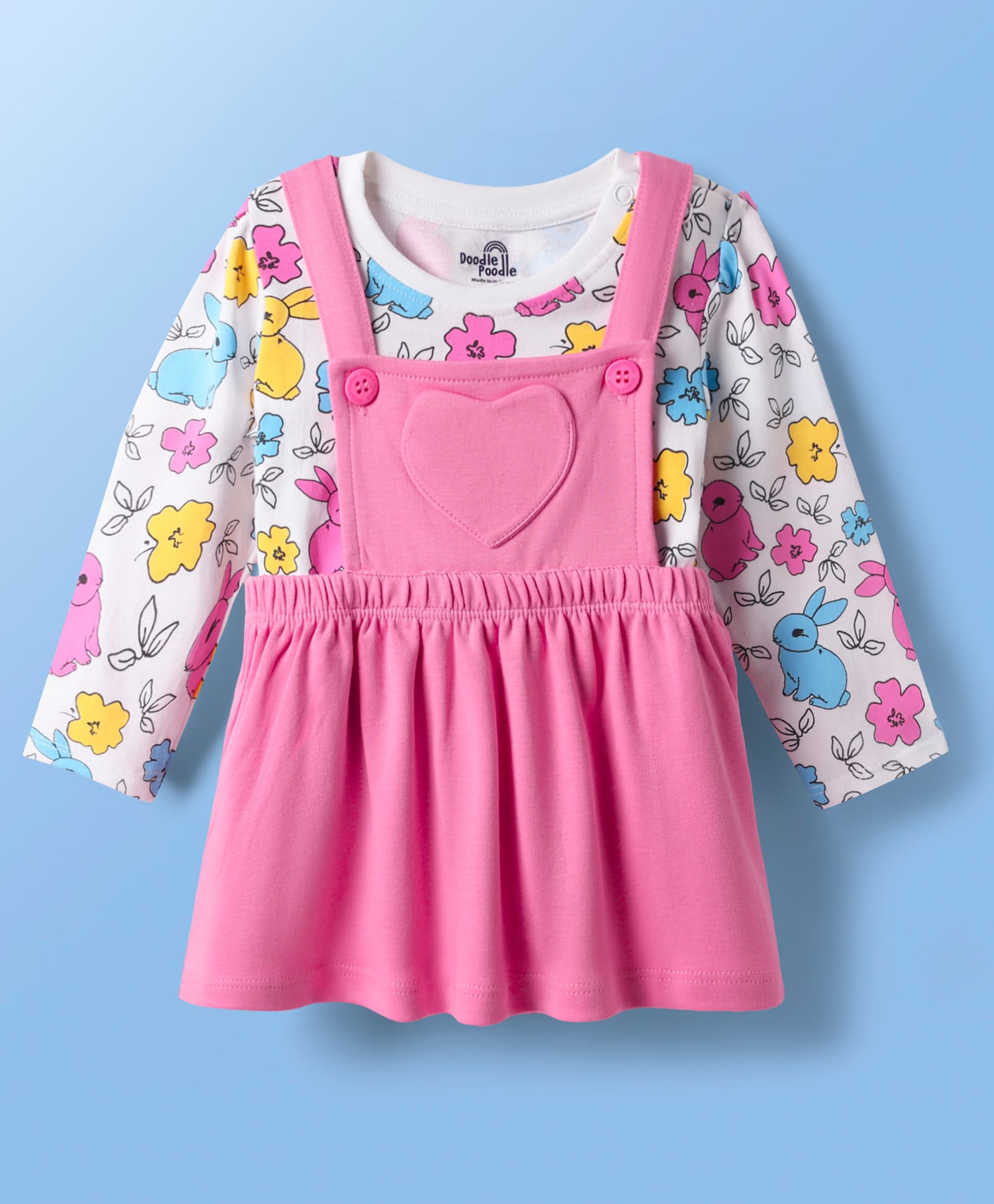 Doodle Poodle Cotton Knit Frock & Full Sleeves Inner Tee With Floral & Bunny Print - Pink & White