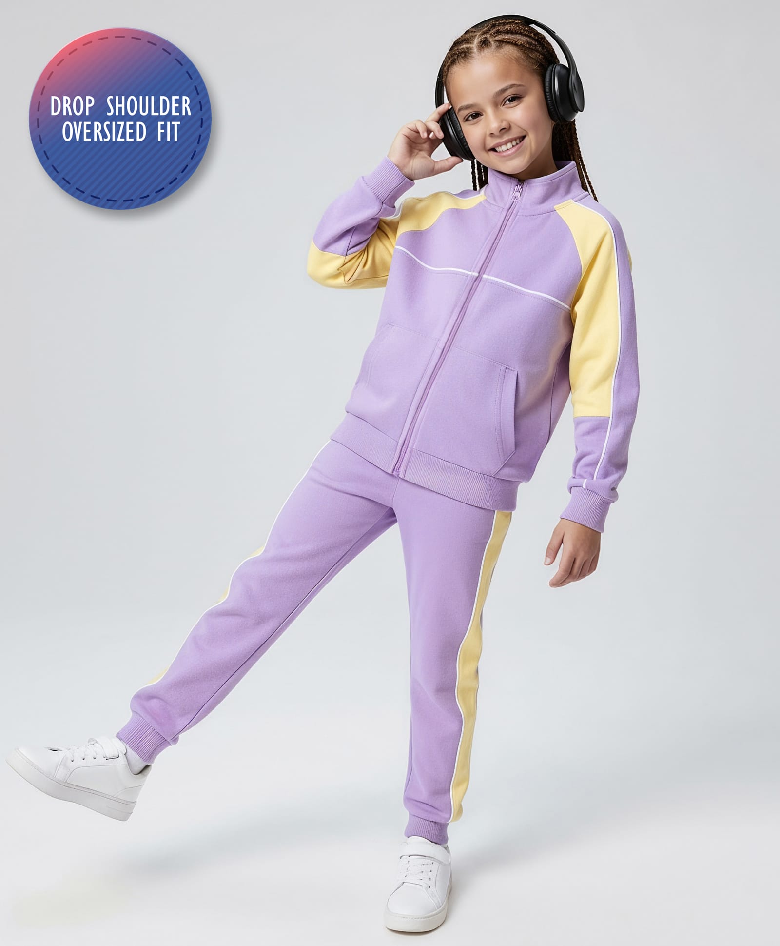 Primo Gino 100% Cotton French Terry Knit Full Raglan Sleeves Solid Color Block Winter Wear SweatJacket & Joggers Co-Ord Set - Lavender-picture-36