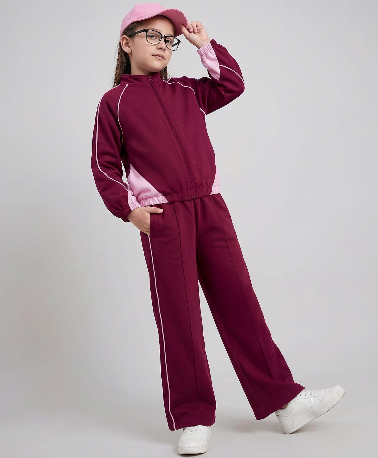Primo Gino 100% Cotton French Terry Knit Full Raglan Sleeves Solid Color Winter Wear SweatJacket & Joggers Co-Ord Set - Burgundy-picture-30