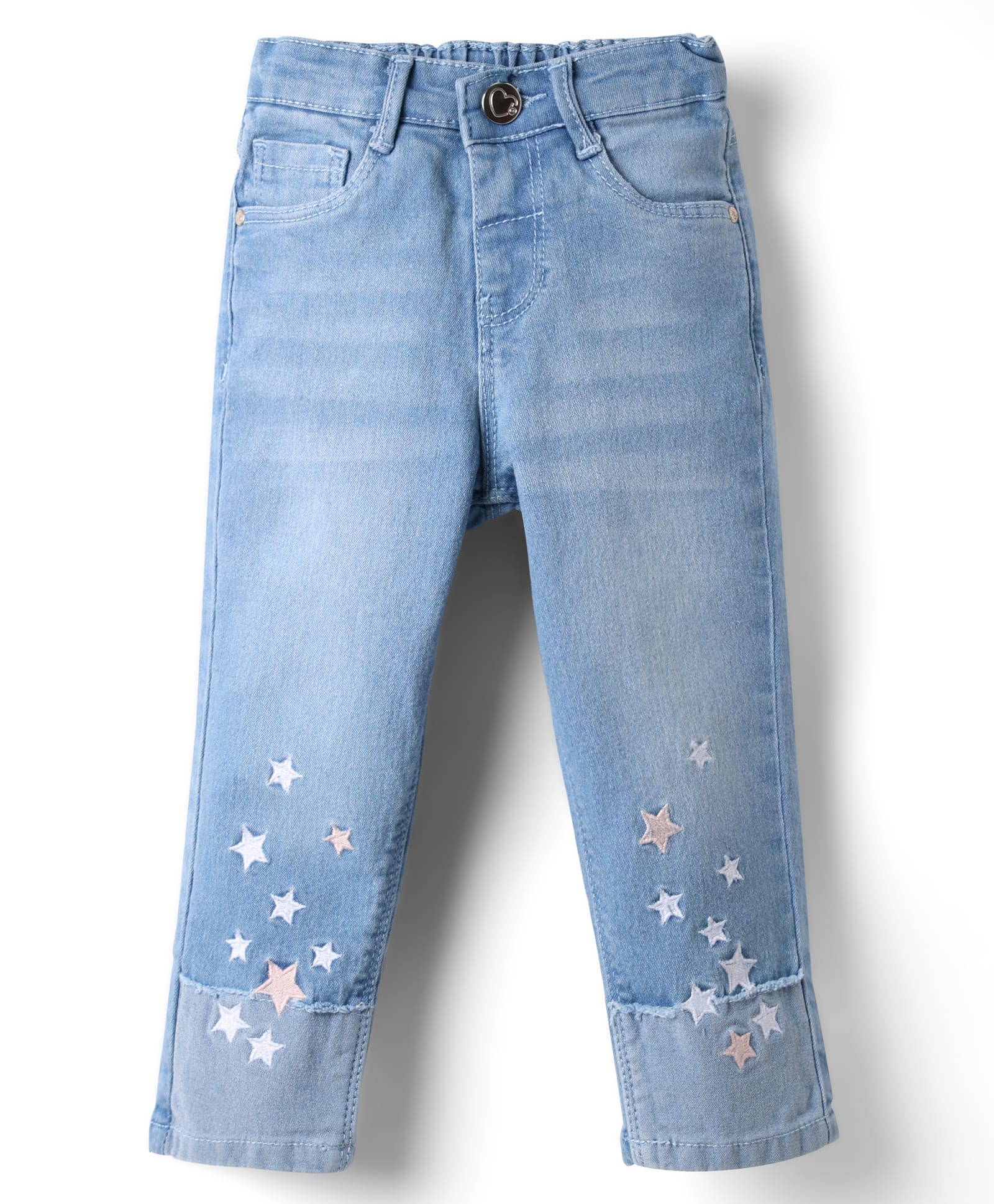 Babyhug Full Length Washed Denim Jeans with Stretch & Star Embroidery - Light Blue-image-49